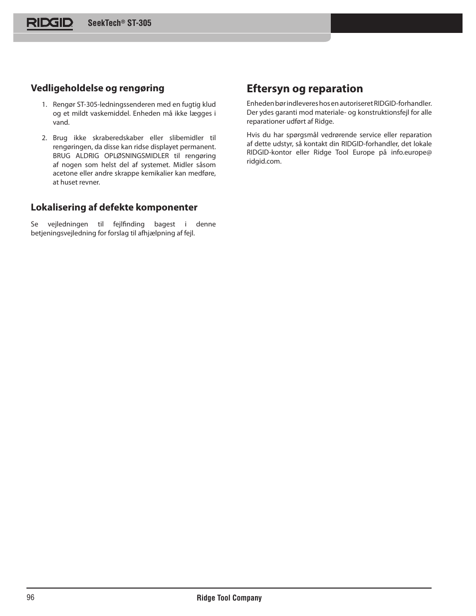 Eftersyn og reparation, Vedligeholdelse og rengøring, Lokalisering af defekte komponenter | RIDGID SeekTech ST-305 User Manual | Page 97 / 141