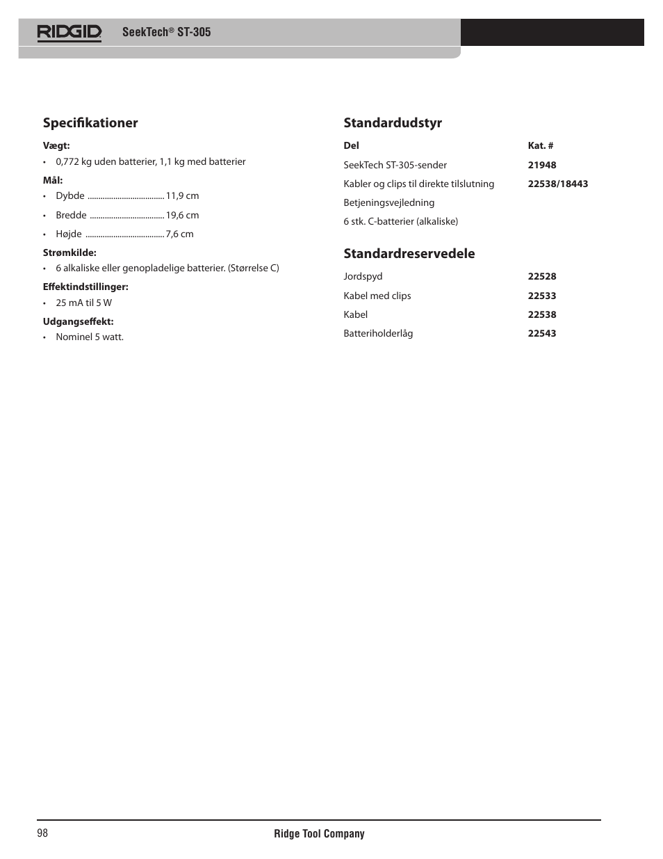 Specifikationer, Standardudstyr, Standardreservedele | RIDGID SeekTech ST-305 User Manual | Page 99 / 141