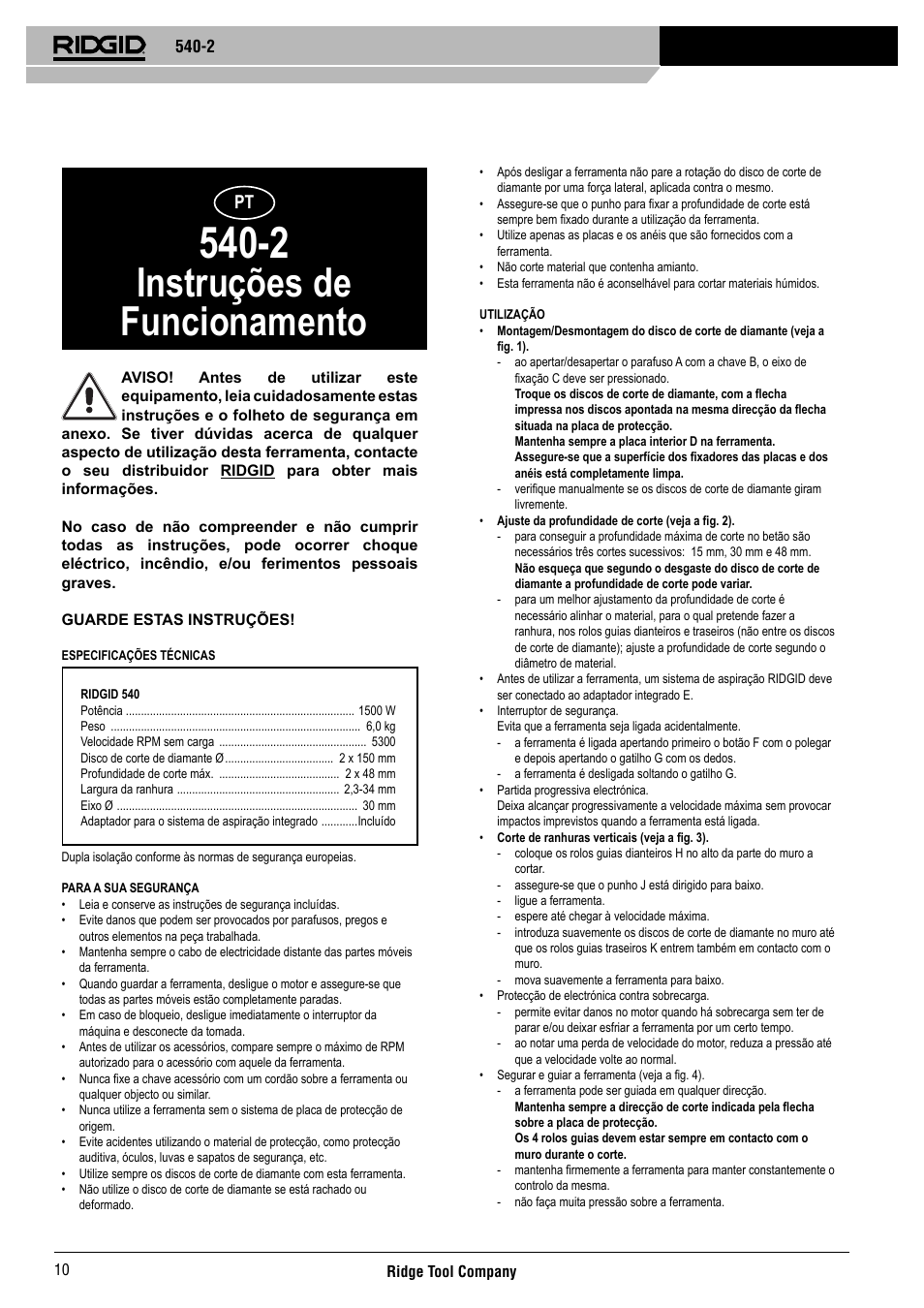 Instruções de funcionamento | RIDGID 540-2 User Manual | Page 11 / 33