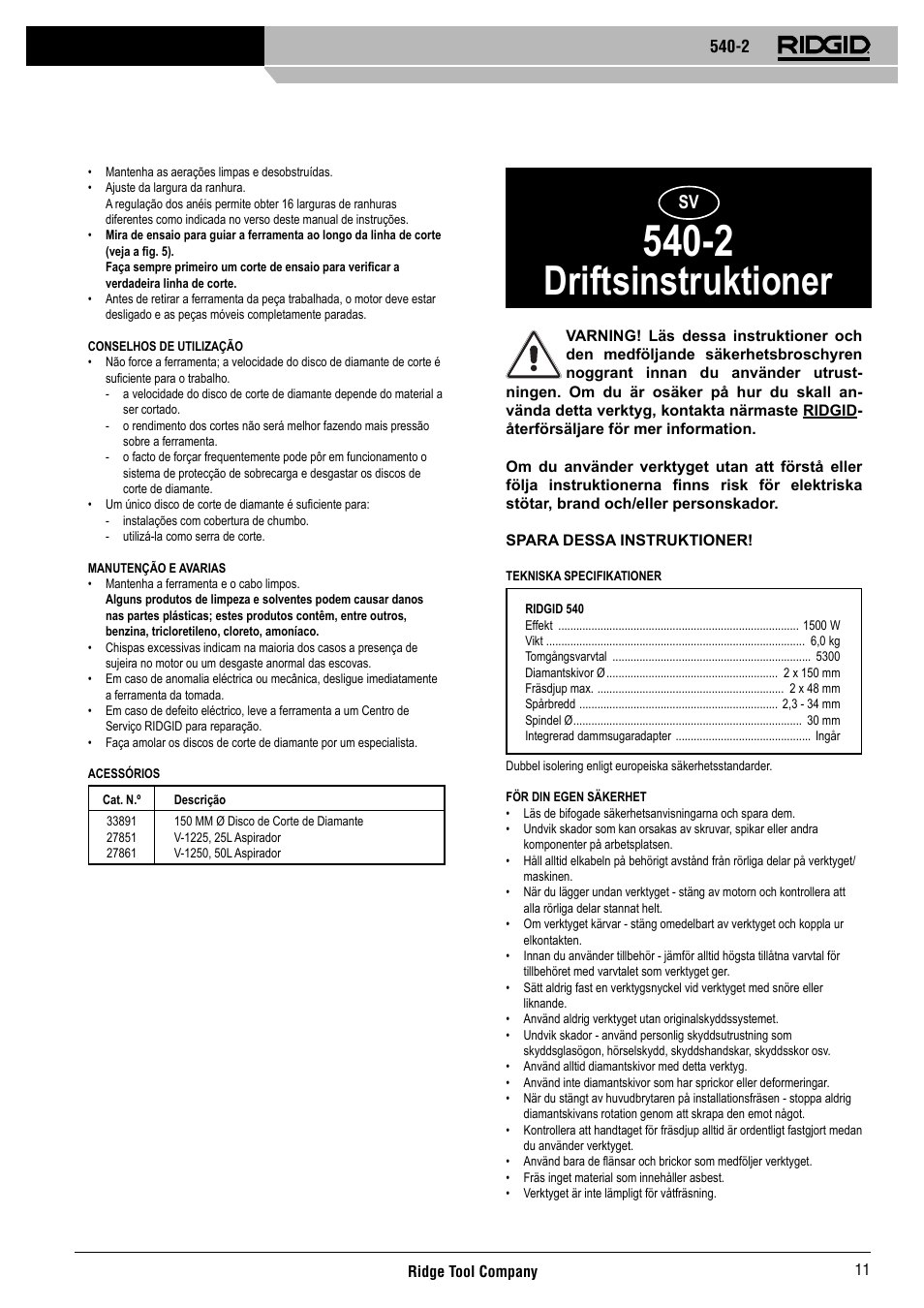 Driftsinstruktioner | RIDGID 540-2 User Manual | Page 12 / 33