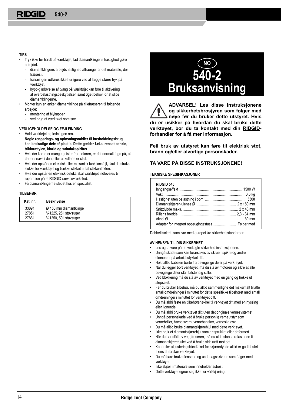 Bruksanvisning | RIDGID 540-2 User Manual | Page 15 / 33