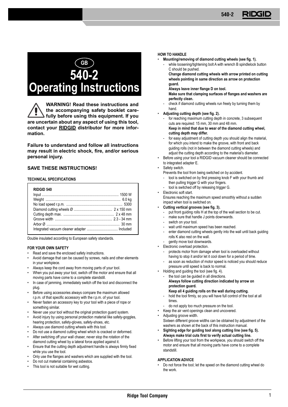 Operating instructions | RIDGID 540-2 User Manual | Page 2 / 33