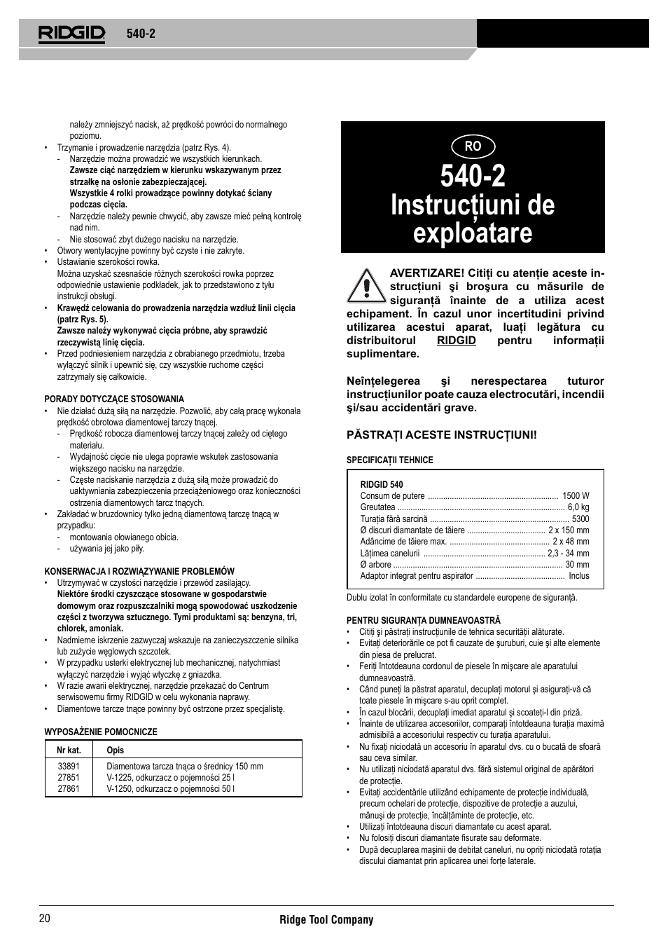 Instrucţiuni de exploatare | RIDGID 540-2 User Manual | Page 21 / 33