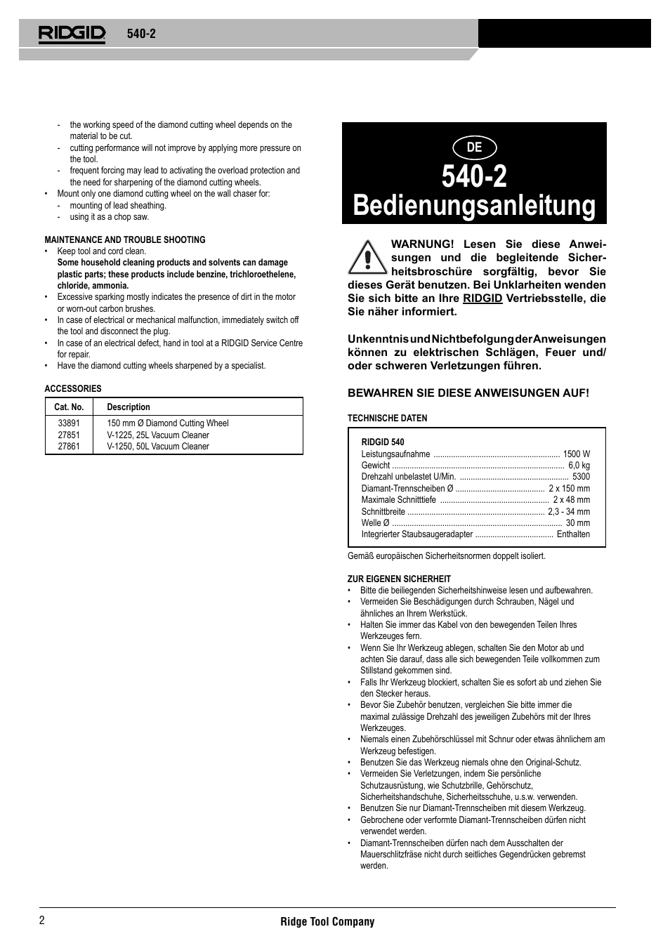 Bedienungsanleitung | RIDGID 540-2 User Manual | Page 3 / 33