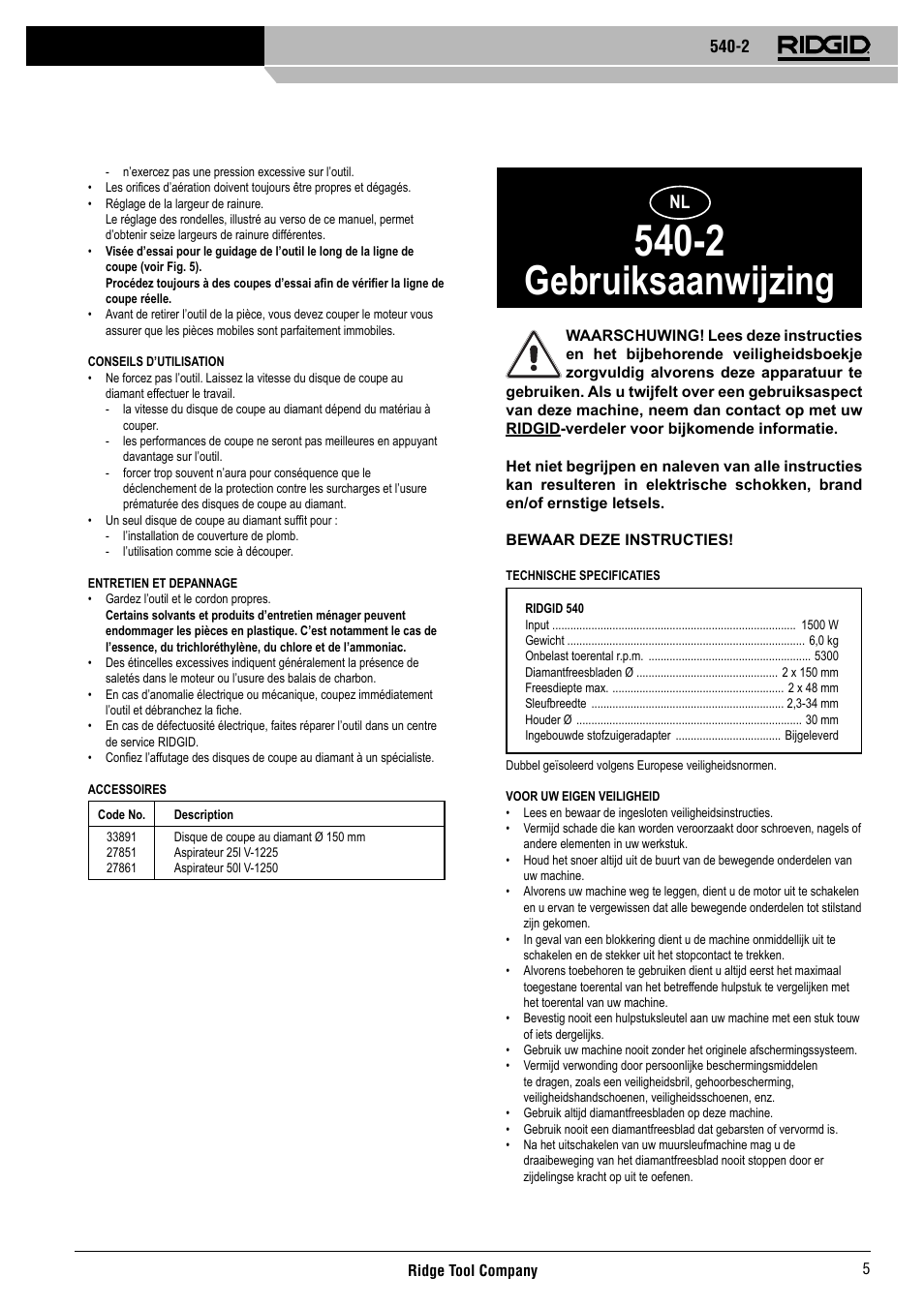 Gebruiksaanwijzing | RIDGID 540-2 User Manual | Page 6 / 33