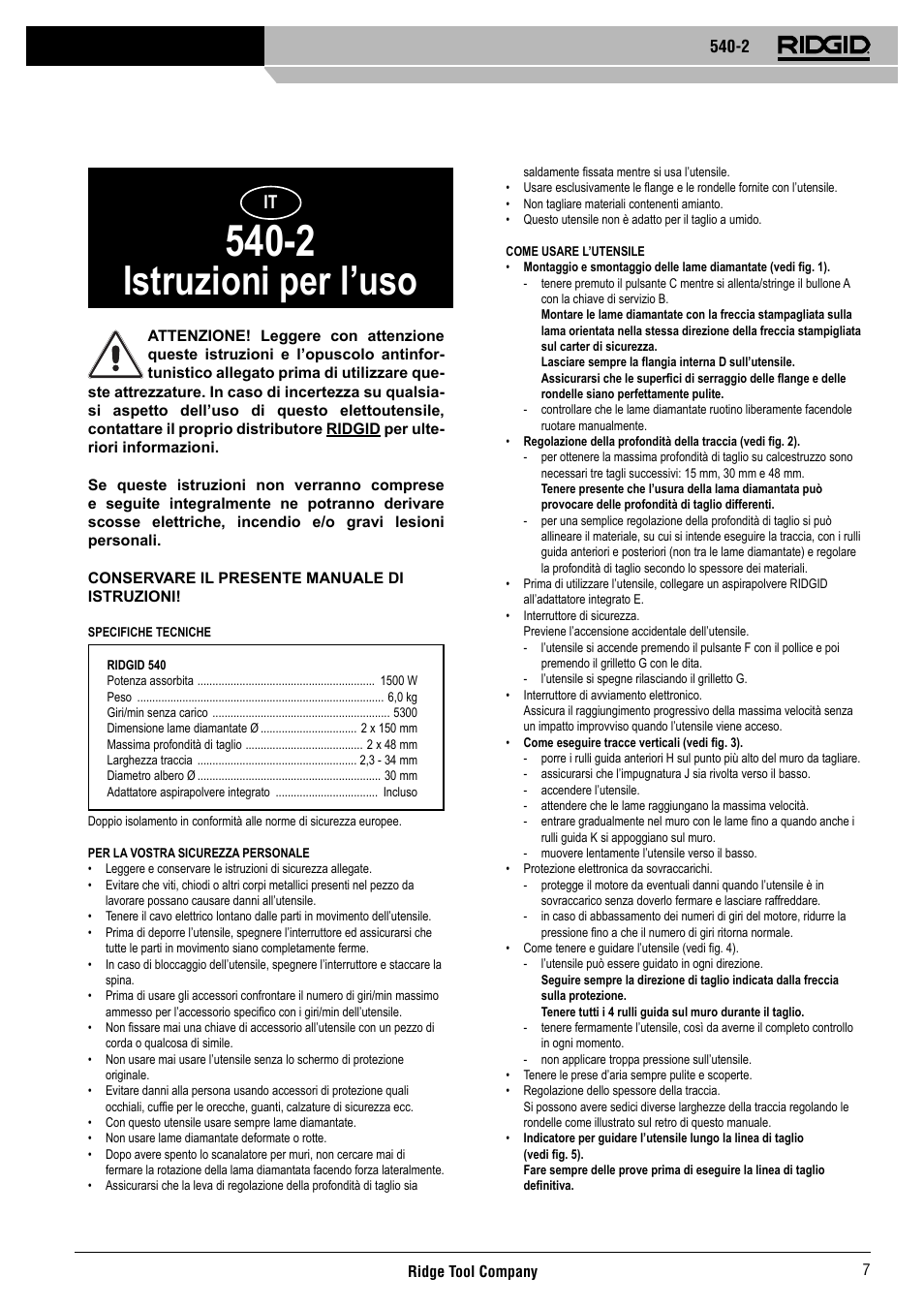 Istruzioni per l’uso | RIDGID 540-2 User Manual | Page 8 / 33