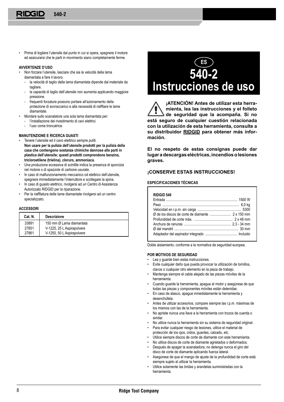 Instrucciones de uso | RIDGID 540-2 User Manual | Page 9 / 33