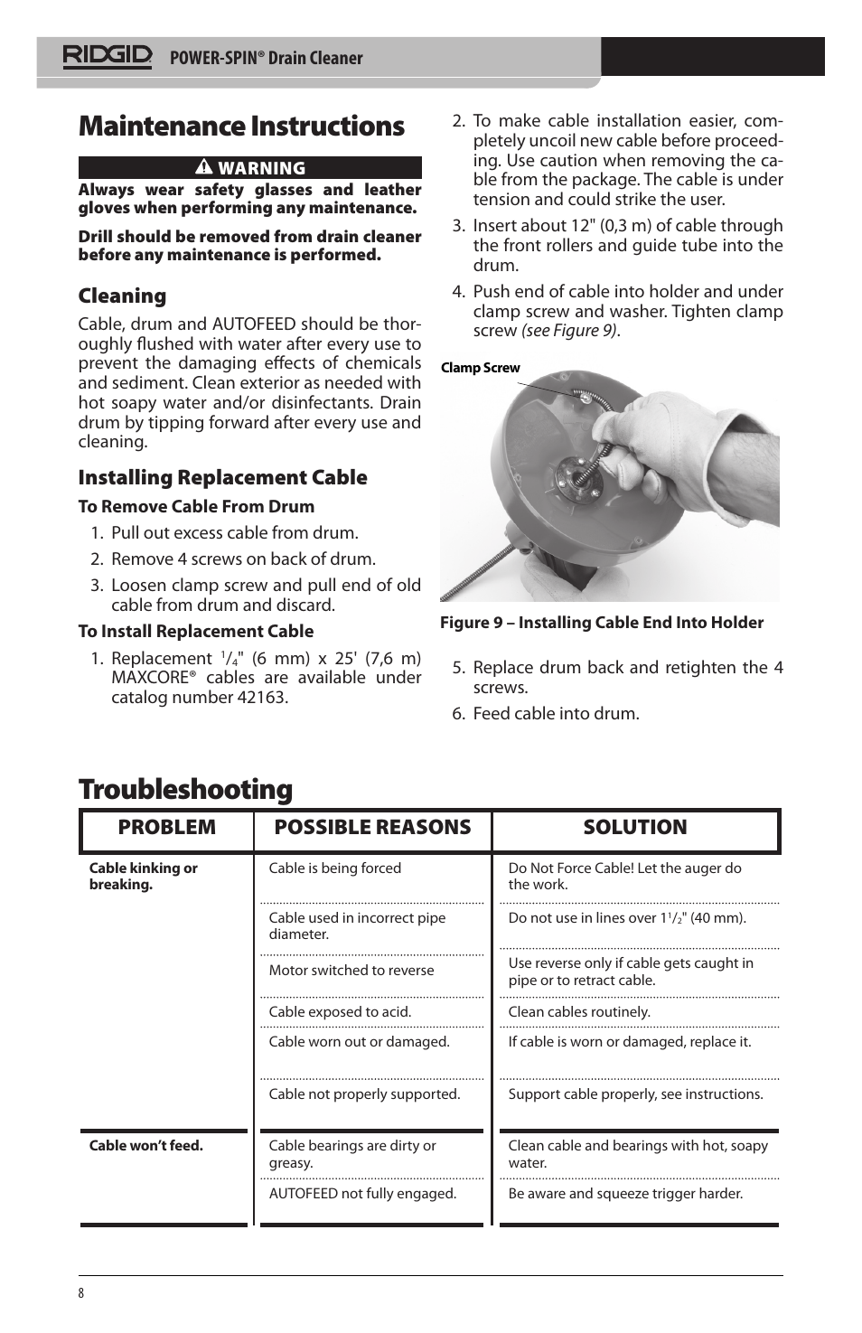 Troubleshooting, Maintenance instructions, Problem possible reasons solution | Cleaning, Installing replacement cable | RIDGID Power-Spin User Manual | Page 10 / 186