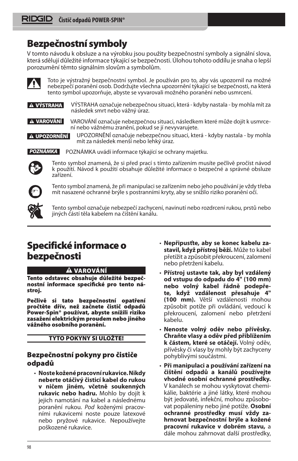 Bezpečnostní symboly, Specifické informace o bezpečnosti, Bezpečnostní pokyny pro čističe odpadů | RIDGID Power-Spin User Manual | Page 100 / 186