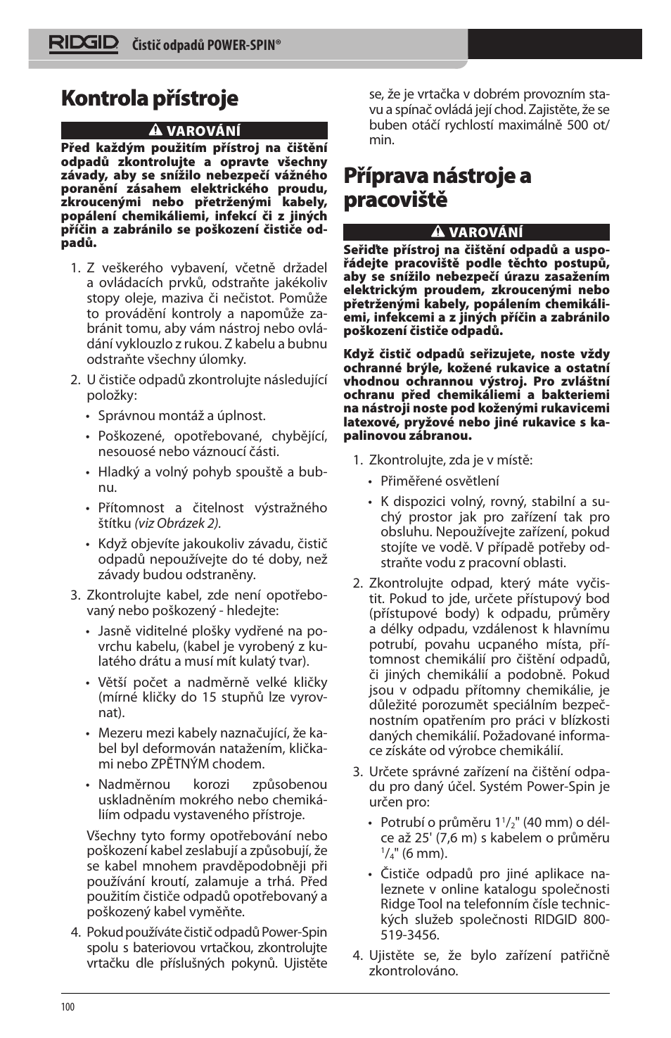 Kontrola přístroje, Příprava nástroje a pracoviště | RIDGID Power-Spin User Manual | Page 102 / 186