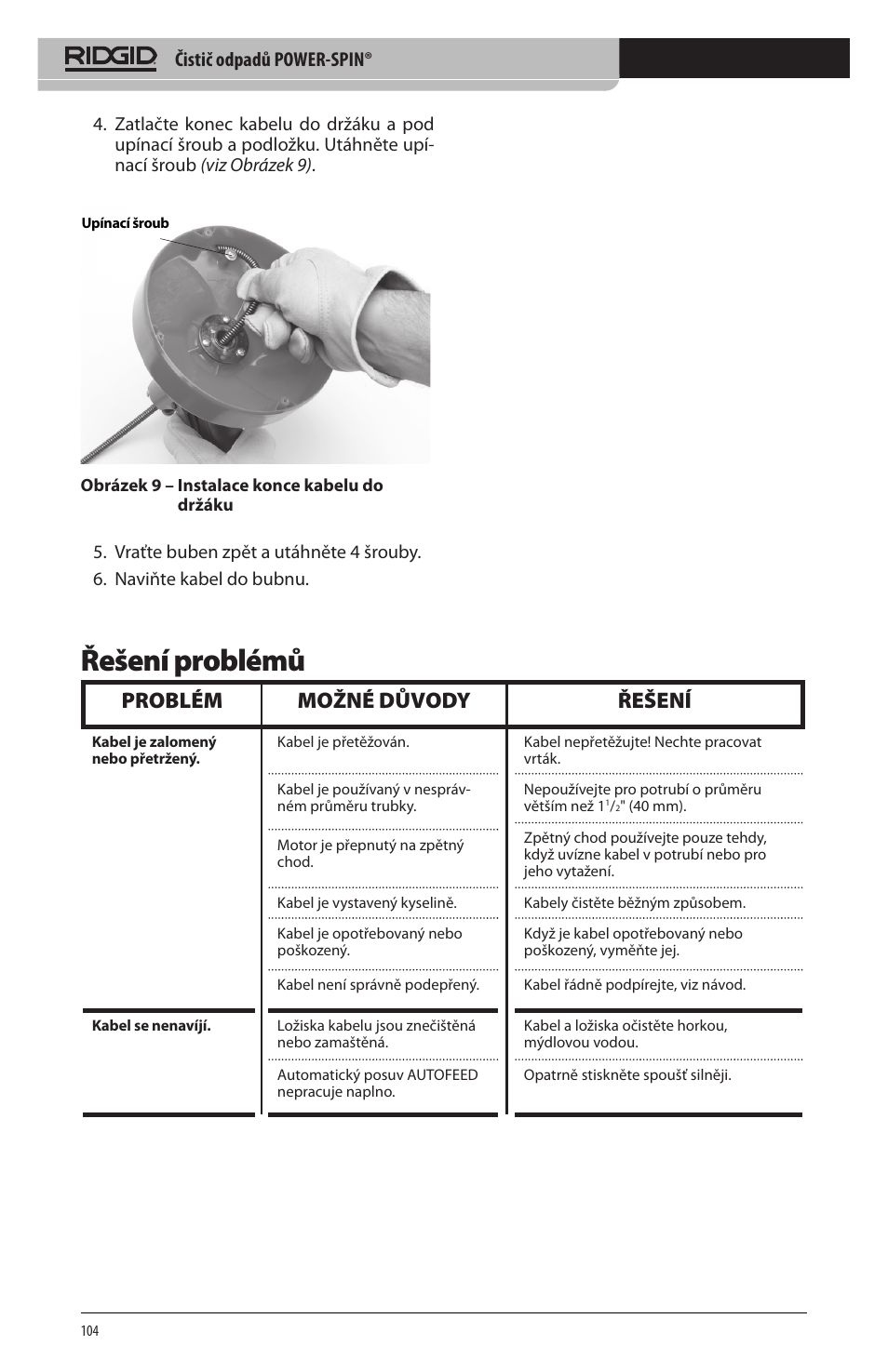 Řešení problémů, Problém možné důvody řešení, Čistič odpadů power-spin | RIDGID Power-Spin User Manual | Page 106 / 186