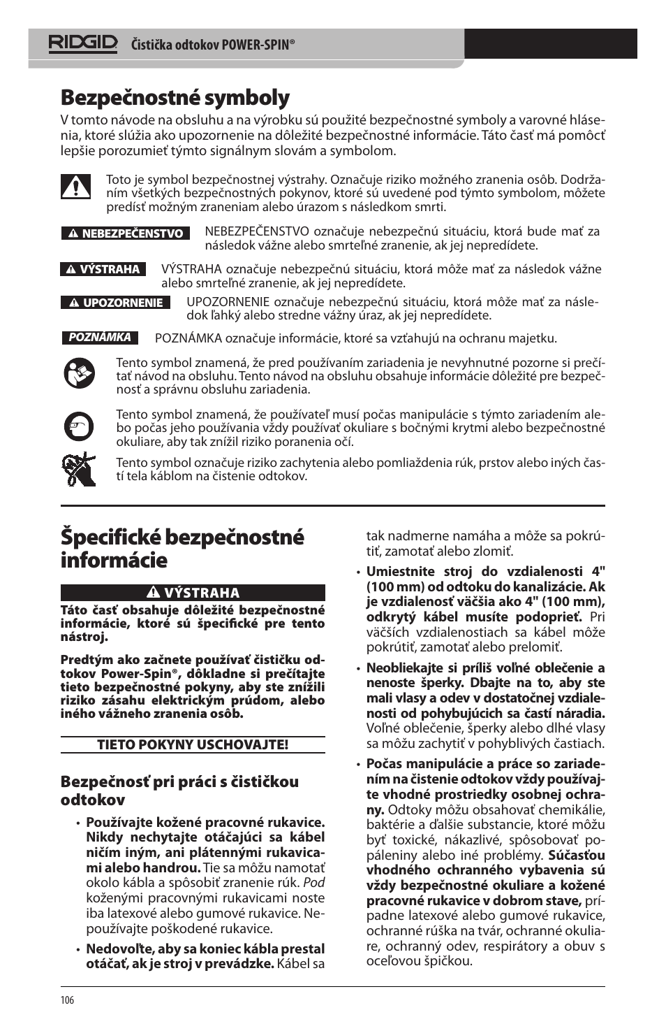 Bezpečnostné symboly, Špecifické bezpečnostné informácie, Bezpečnosť pri práci s čističkou odtokov | RIDGID Power-Spin User Manual | Page 108 / 186