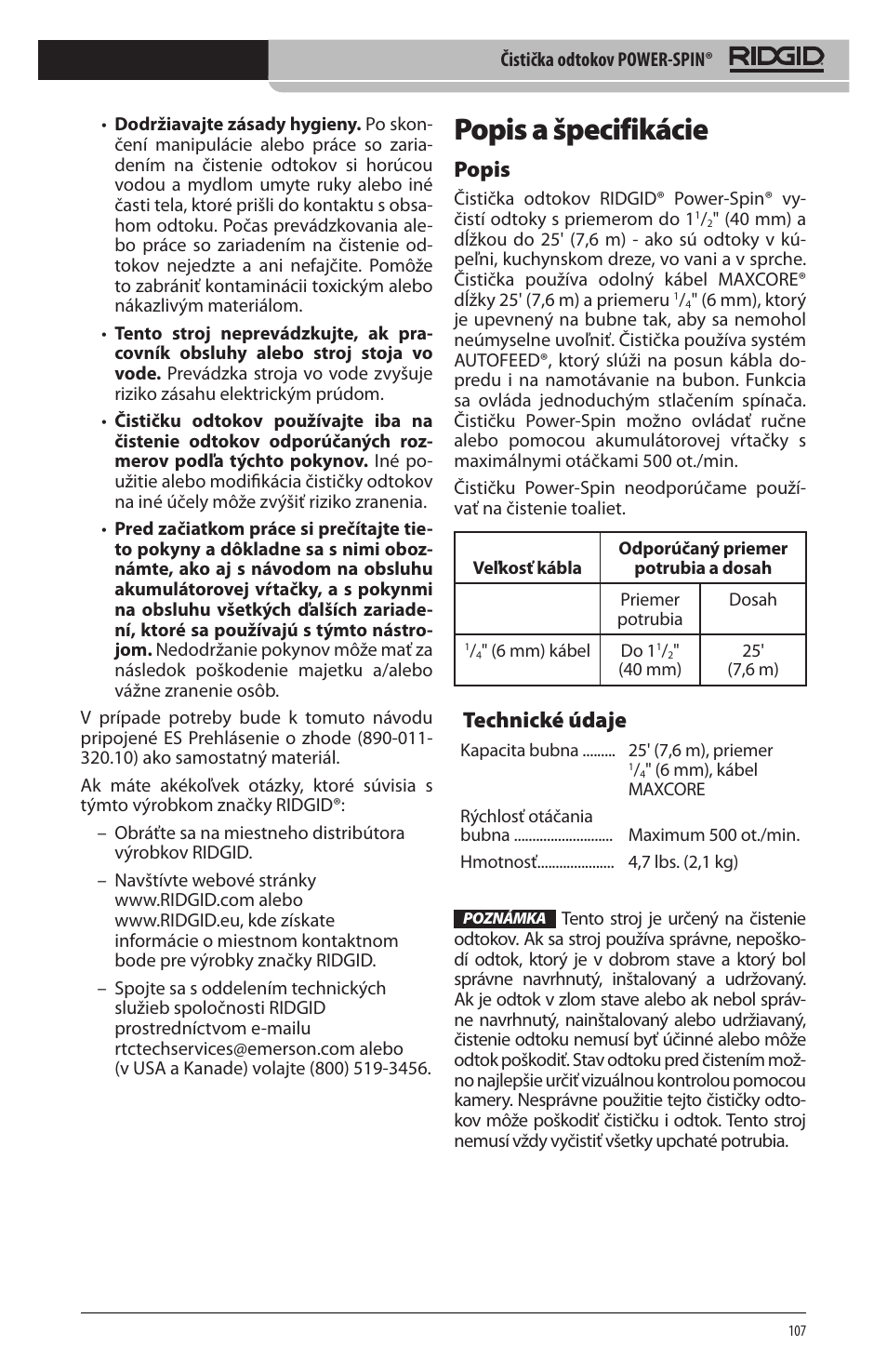 Popis a špecifikácie, Popis, Technické údaje | RIDGID Power-Spin User Manual | Page 109 / 186
