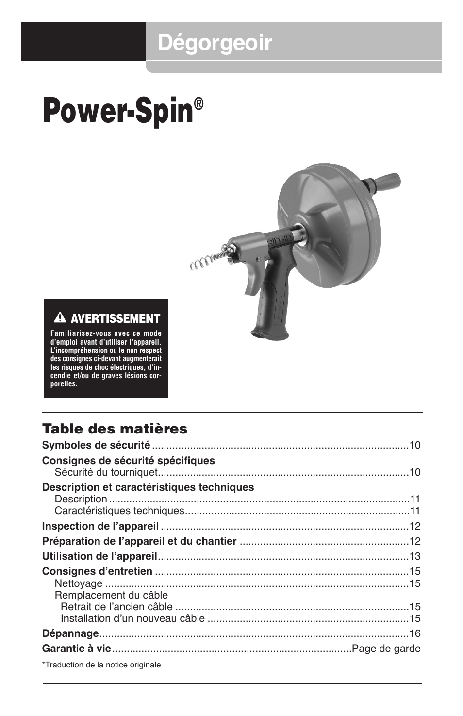 Power-spin manual fr no marks, Power-spin, Dégorgeoir | RIDGID Power-Spin User Manual | Page 11 / 186