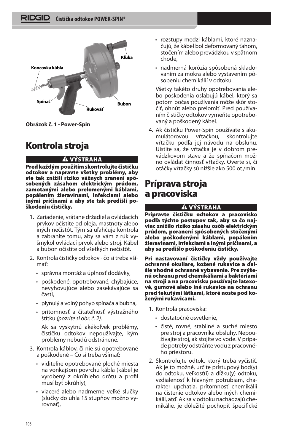 Kontrola stroja, Príprava stroja a pracoviska | RIDGID Power-Spin User Manual | Page 110 / 186