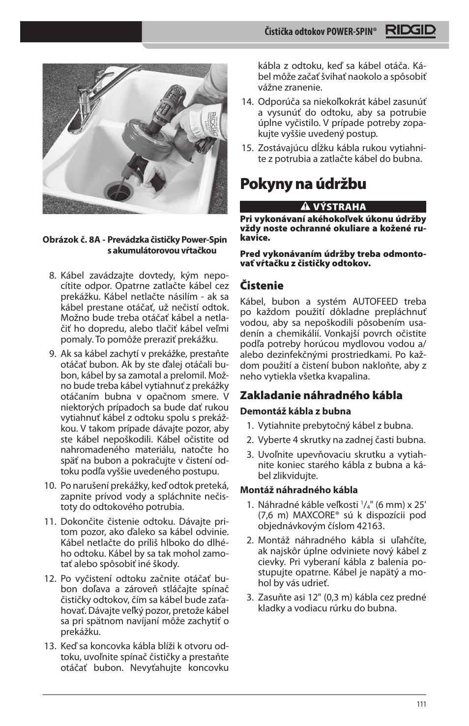 Pokyny na údržbu, Čistenie, Zakladanie náhradného kábla | RIDGID Power-Spin User Manual | Page 113 / 186