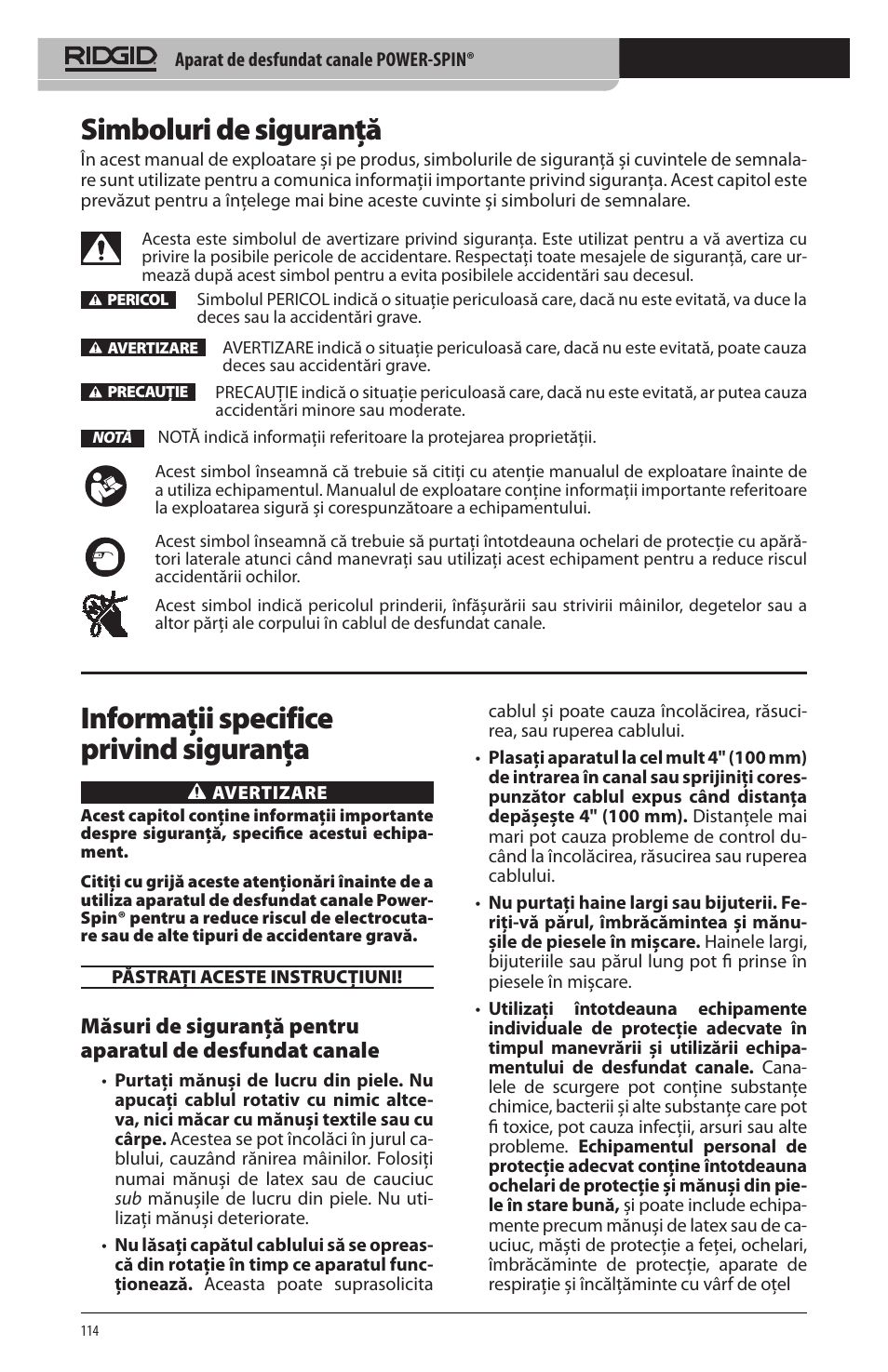 Simboluri de siguranţă, Informaţii specifice privind siguranţa | RIDGID Power-Spin User Manual | Page 116 / 186