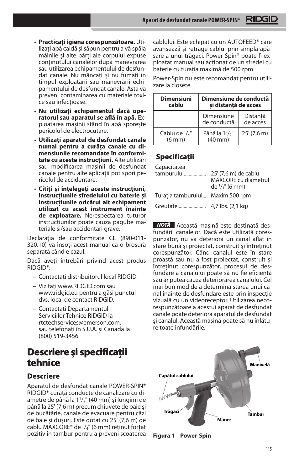Descriere şi specificaţii tehnice, Descriere, Specificaţii | RIDGID Power-Spin User Manual | Page 117 / 186