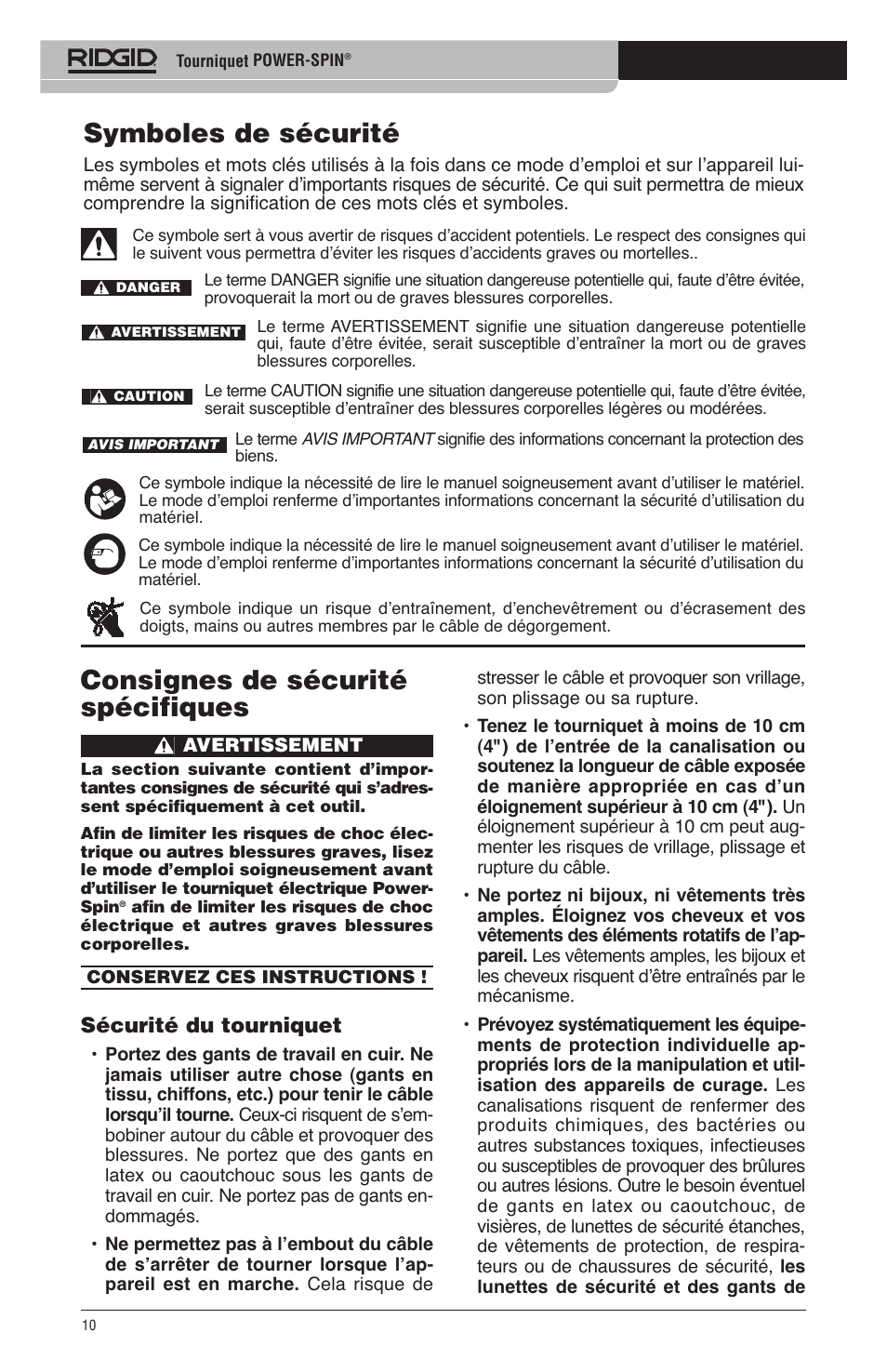 Consignes de sécurité spécifiques, Symboles de sécurité, Sécurité du tourniquet | RIDGID Power-Spin User Manual | Page 12 / 186