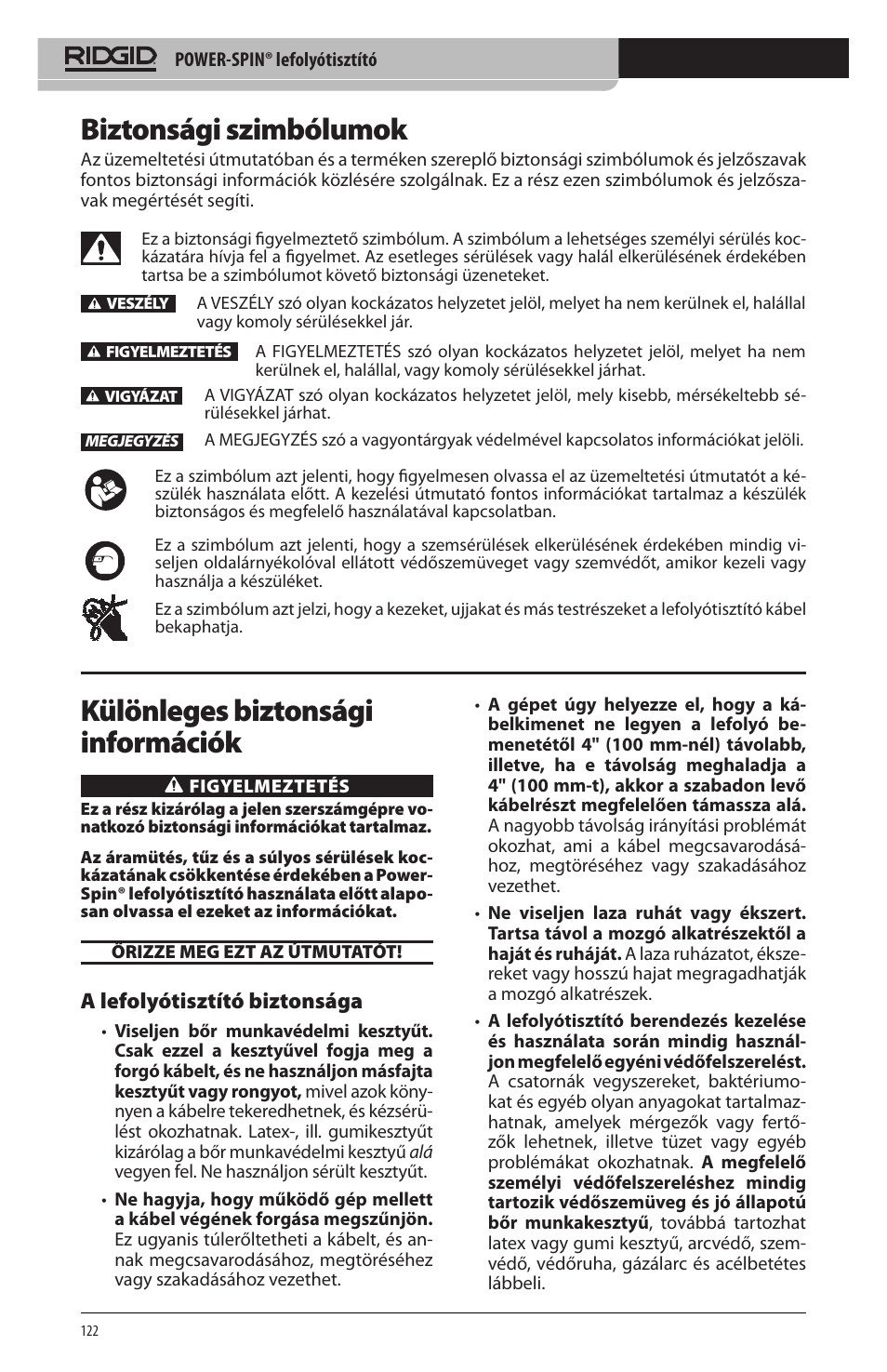 Biztonsági szimbólumok, Különleges biztonsági információk, A lefolyótisztító biztonsága | RIDGID Power-Spin User Manual | Page 124 / 186