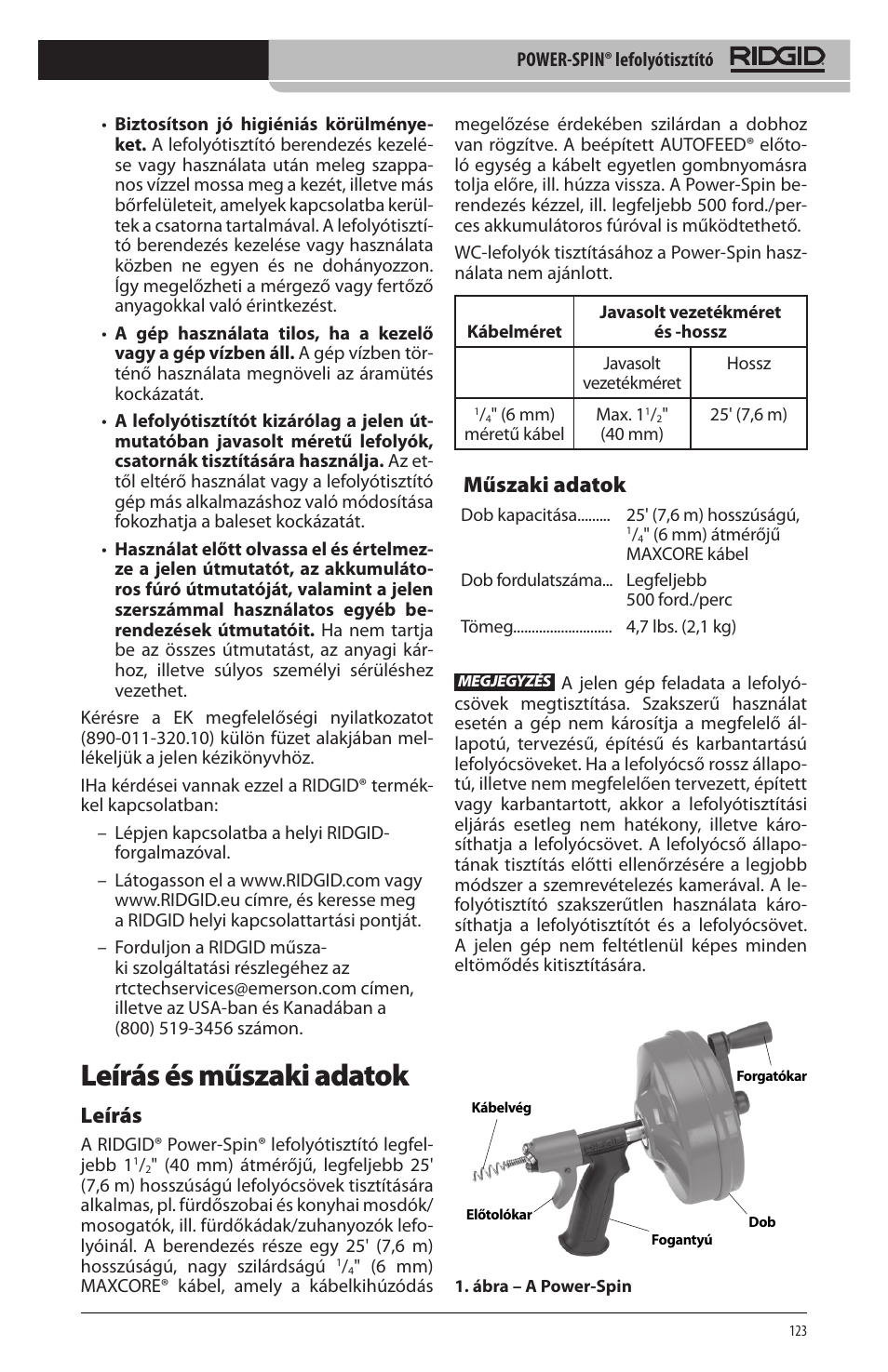 Leírás és műszaki adatok, Leírás, Műszaki adatok | RIDGID Power-Spin User Manual | Page 125 / 186