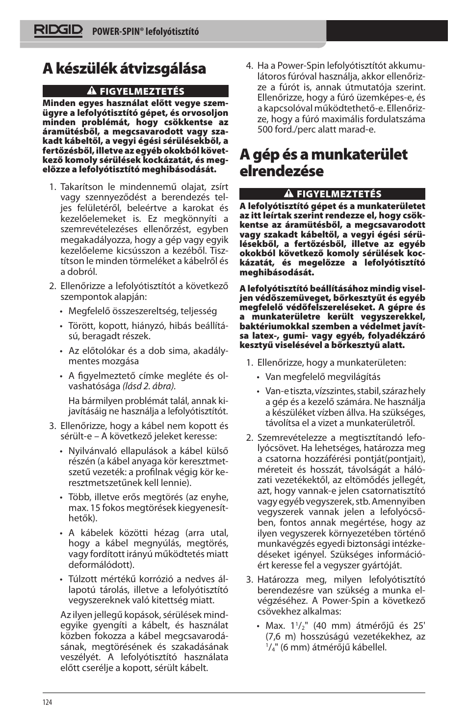A készülék átvizsgálása, A gép és a munkaterület elrendezése | RIDGID Power-Spin User Manual | Page 126 / 186