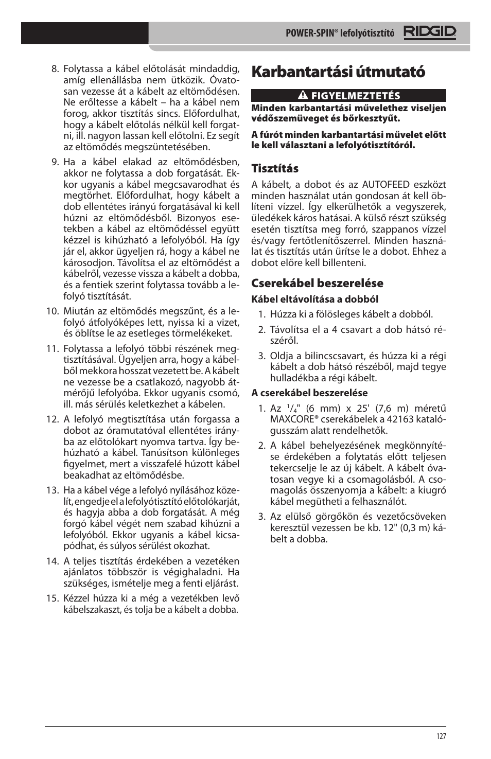 Karbantartási útmutató, Tisztítás, Cserekábel beszerelése | RIDGID Power-Spin User Manual | Page 129 / 186