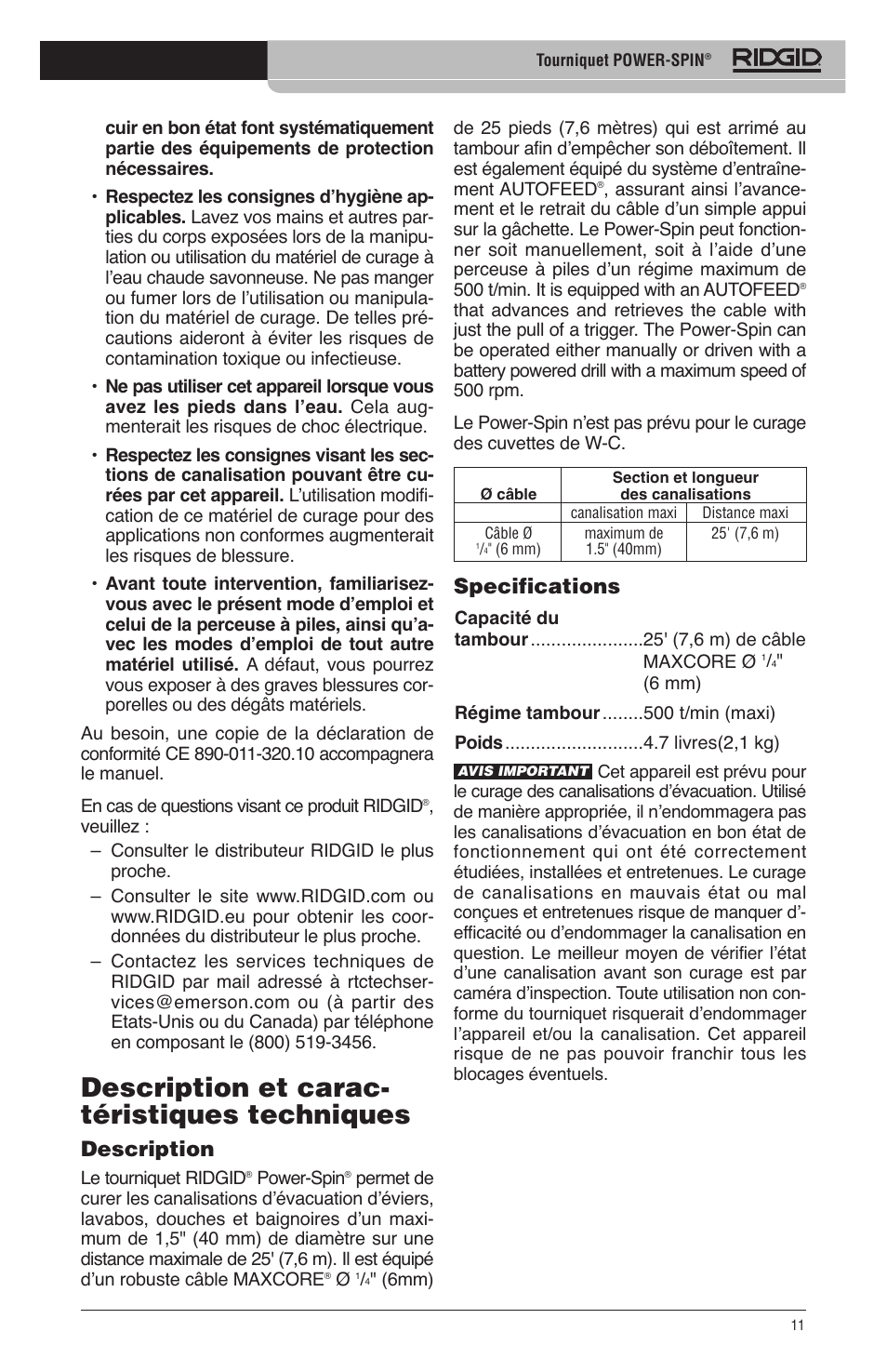 Description et carac- téristiques techniques, Specifications, Description | RIDGID Power-Spin User Manual | Page 13 / 186