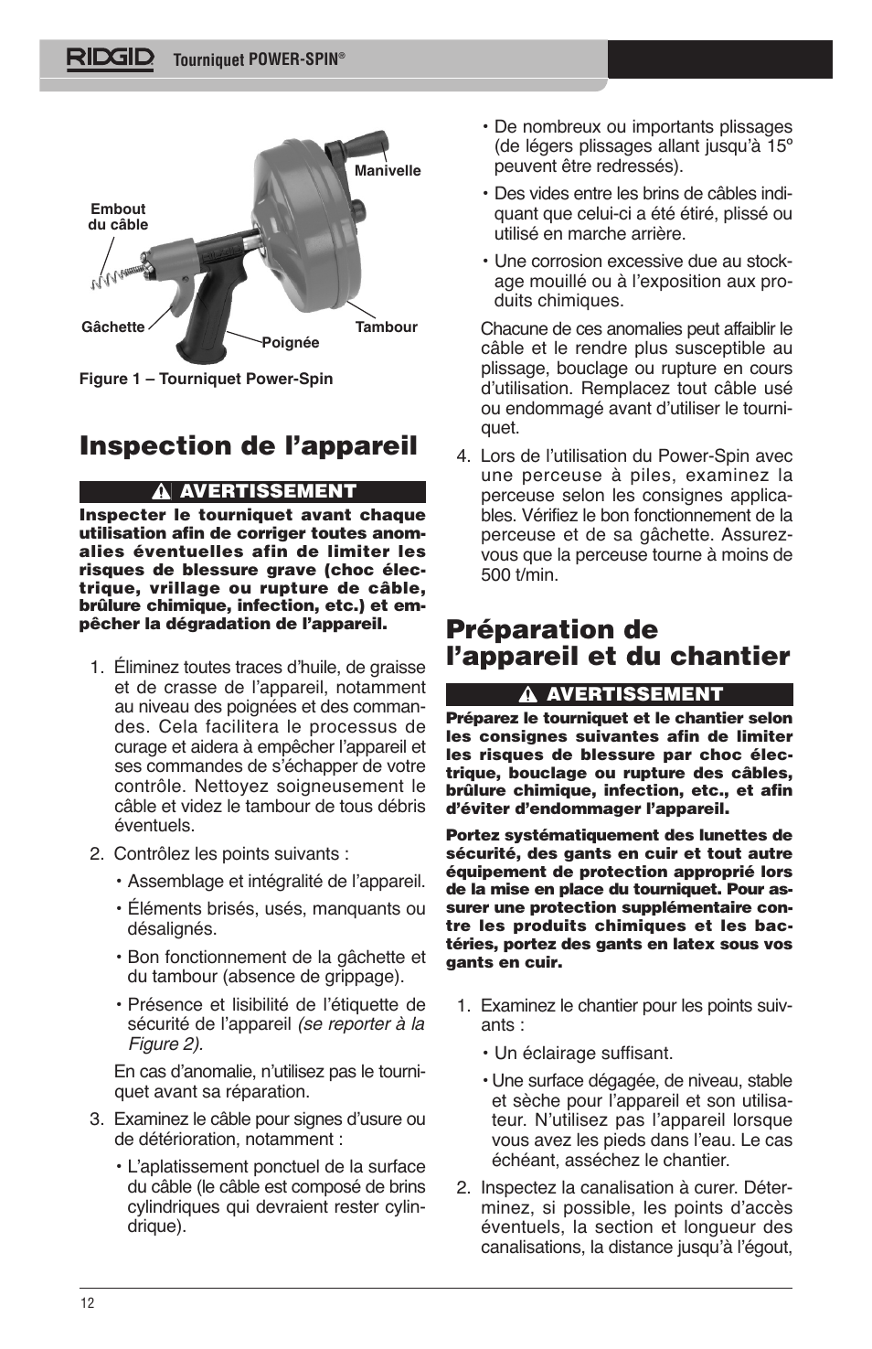 Préparation de l’appareil et du chantier, Inspection de l’appareil | RIDGID Power-Spin User Manual | Page 14 / 186