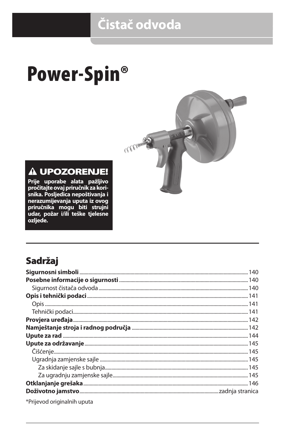 Power-spin, Čistač odvoda, Sadržaj | Upozorenje | RIDGID Power-Spin User Manual | Page 141 / 186