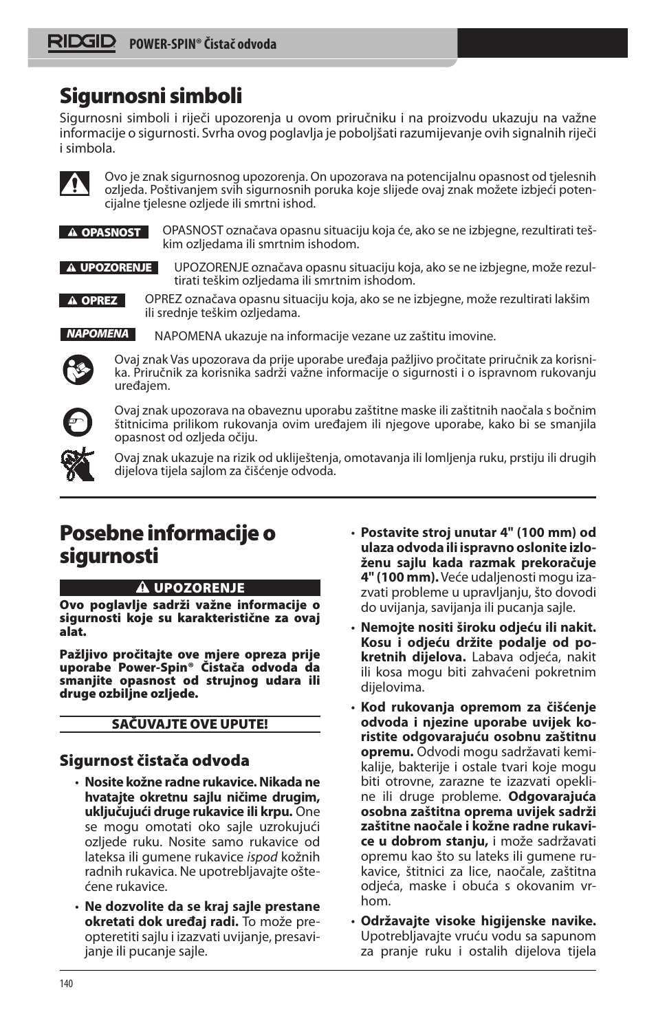 Sigurnosni simboli, Posebne informacije o sigurnosti, Sigurnost čistača odvoda | RIDGID Power-Spin User Manual | Page 142 / 186