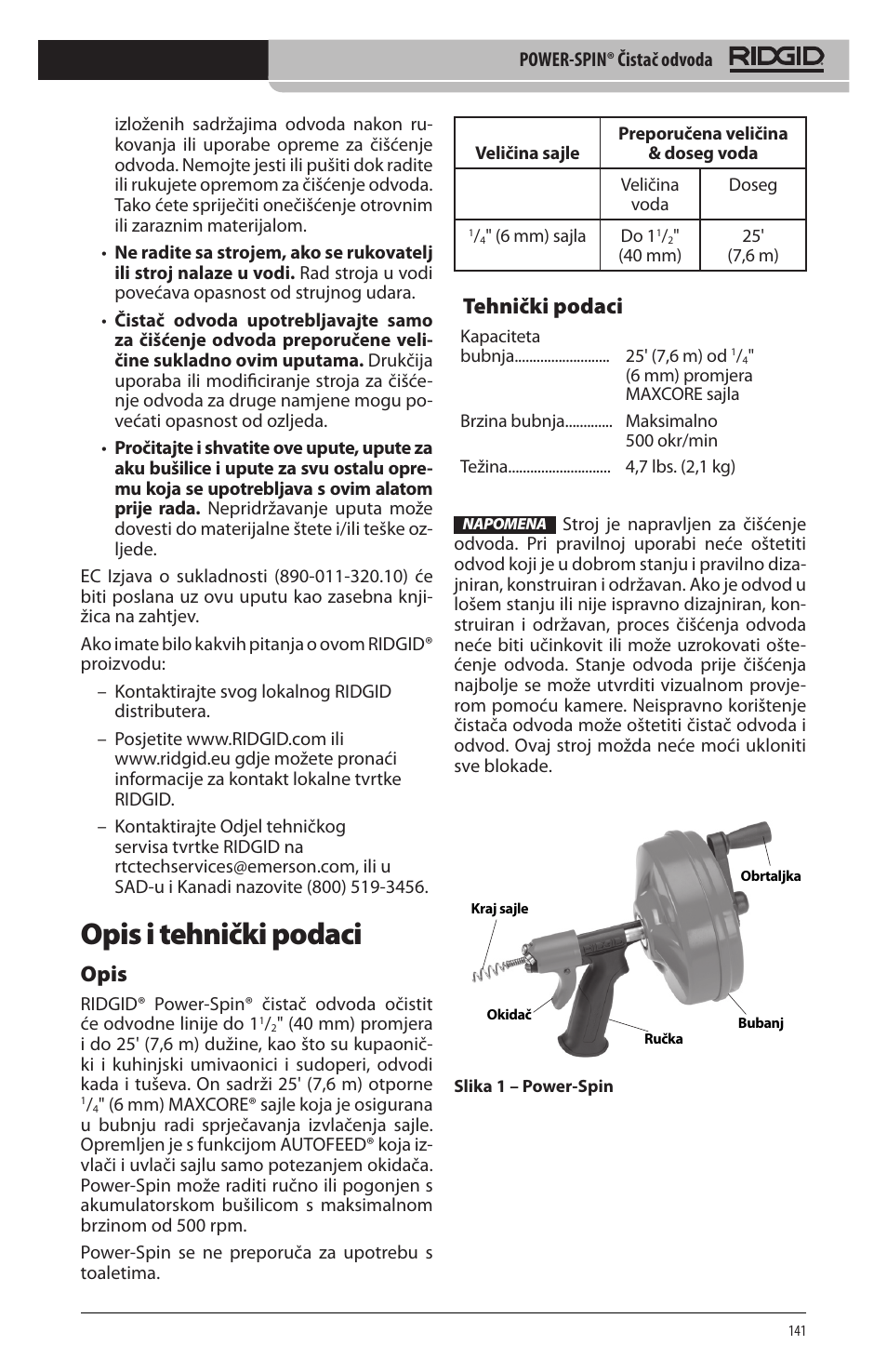 Opis i tehnički podaci, Opis, Tehnički podaci | RIDGID Power-Spin User Manual | Page 143 / 186