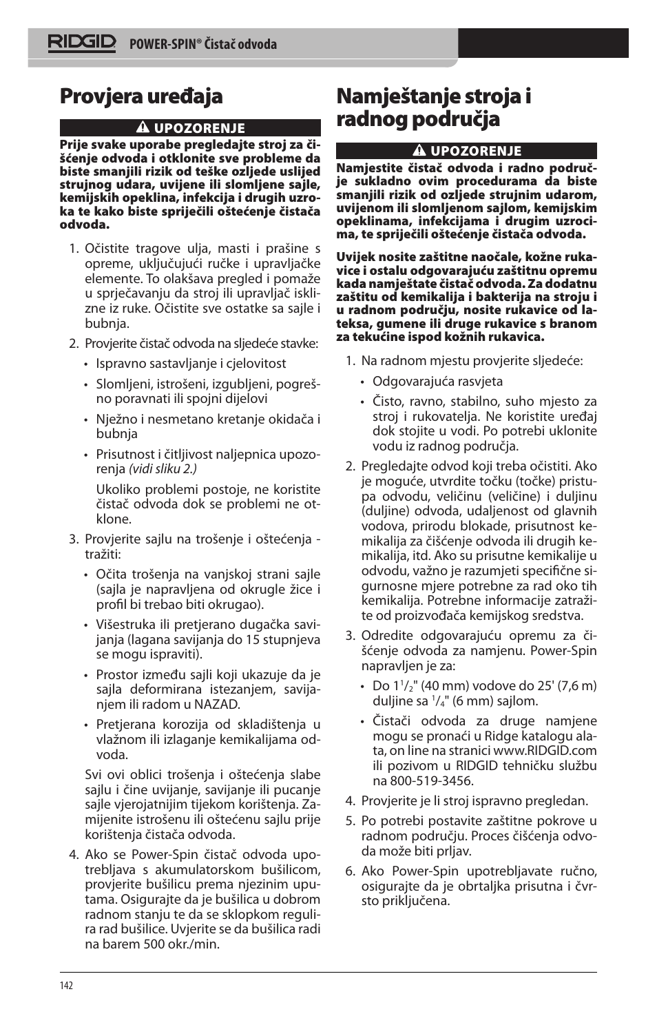 Provjera uređaja, Namještanje stroja i radnog područja | RIDGID Power-Spin User Manual | Page 144 / 186