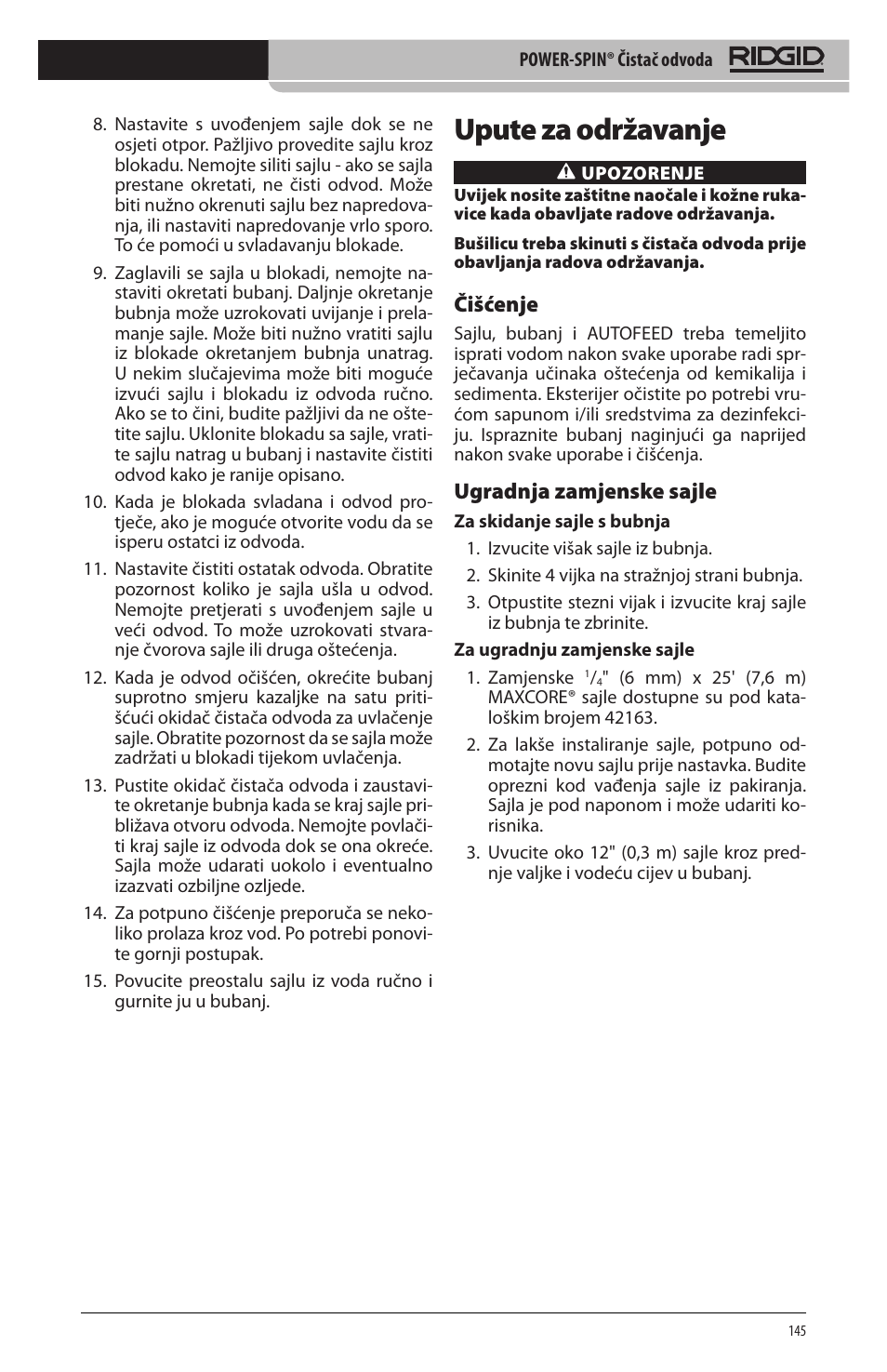 Upute za održavanje, Čišćenje, Ugradnja zamjenske sajle | RIDGID Power-Spin User Manual | Page 147 / 186