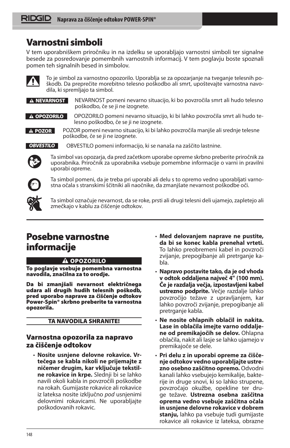 Varnostni simboli, Posebne varnostne informacije, Varnostna opozorila za napravo za čiščenje odtokov | RIDGID Power-Spin User Manual | Page 150 / 186