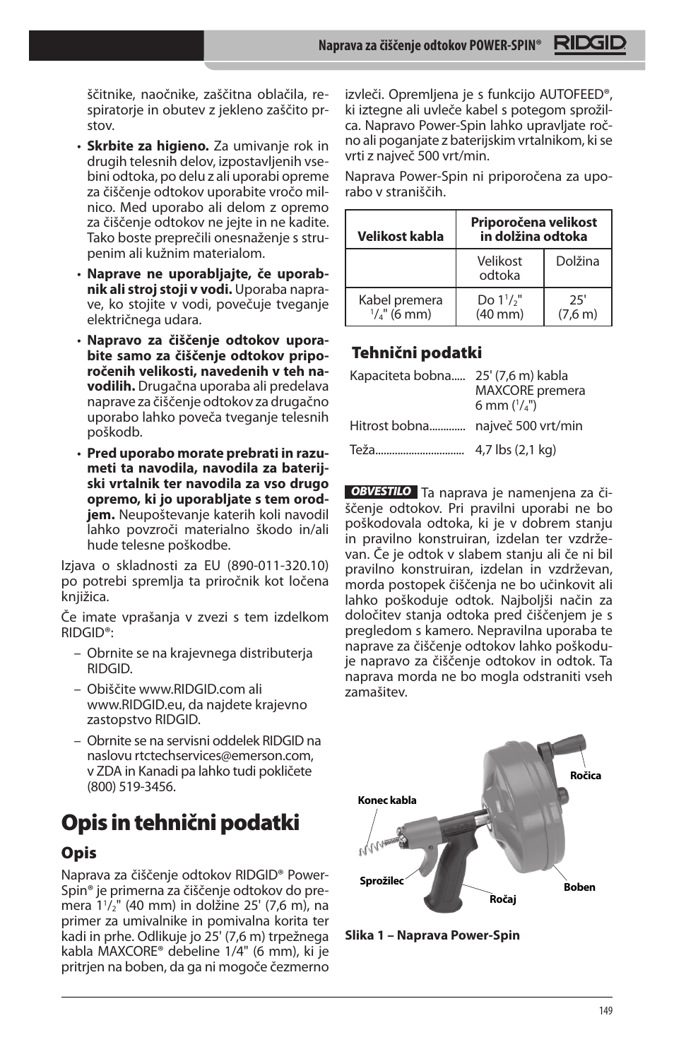 Opis in tehnični podatki, Opis, Tehnični podatki | RIDGID Power-Spin User Manual | Page 151 / 186