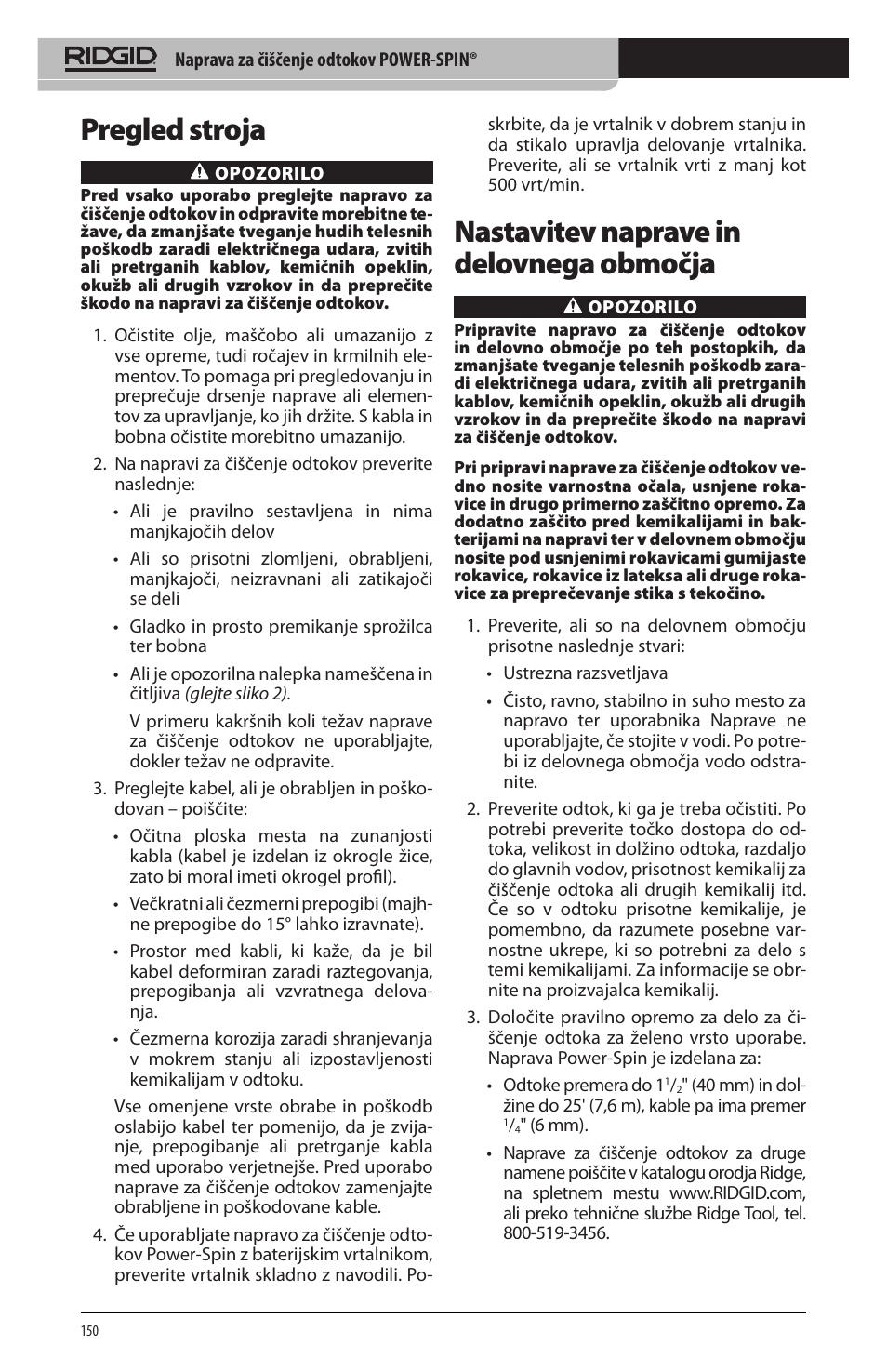 Pregled stroja, Nastavitev naprave in delovnega območja | RIDGID Power-Spin User Manual | Page 152 / 186