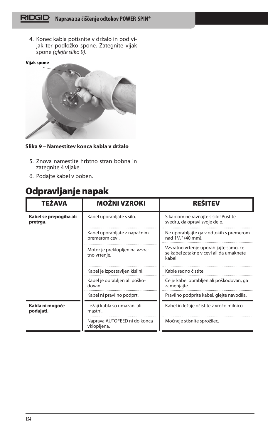 Odpravljanje napak, Težava možni vzroki rešitev, Naprava za čiščenje odtokov power-spin | RIDGID Power-Spin User Manual | Page 156 / 186