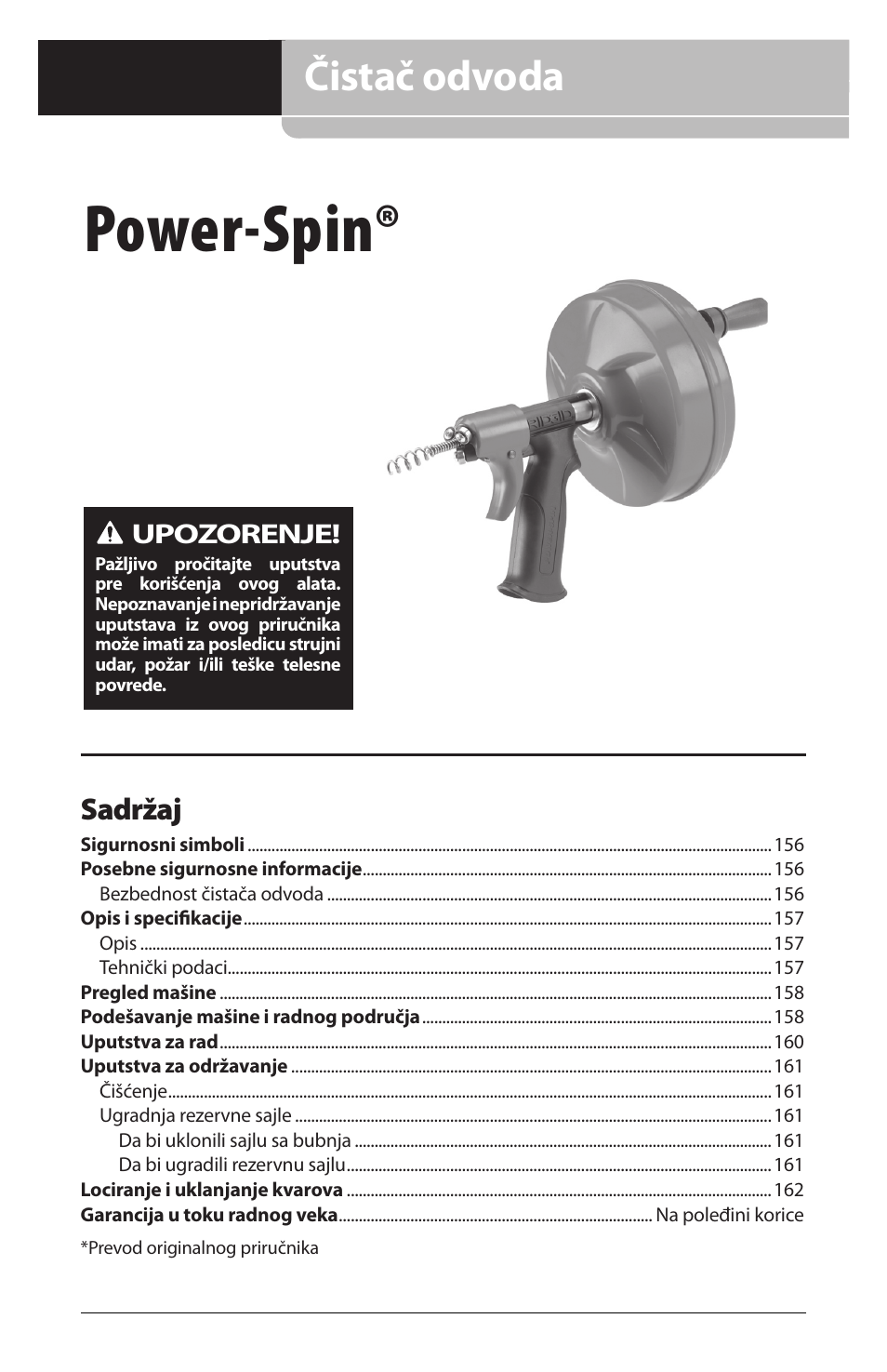 Power-spin, Čistač odvoda, Sadržaj | Upozorenje | RIDGID Power-Spin User Manual | Page 157 / 186