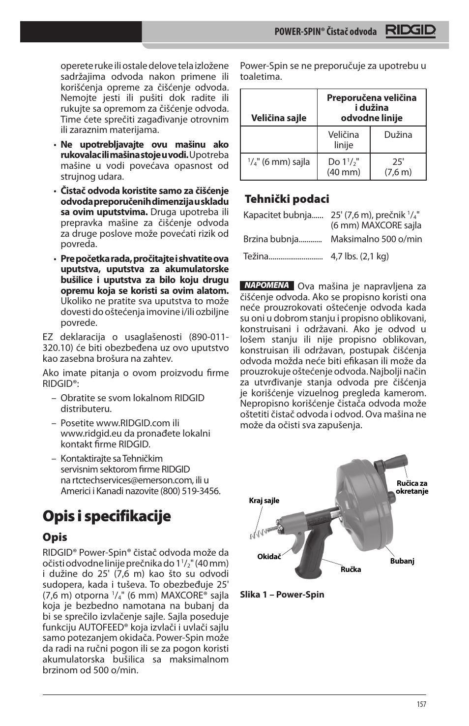 Opis i specifikacije, Opis, Tehnički podaci | RIDGID Power-Spin User Manual | Page 159 / 186
