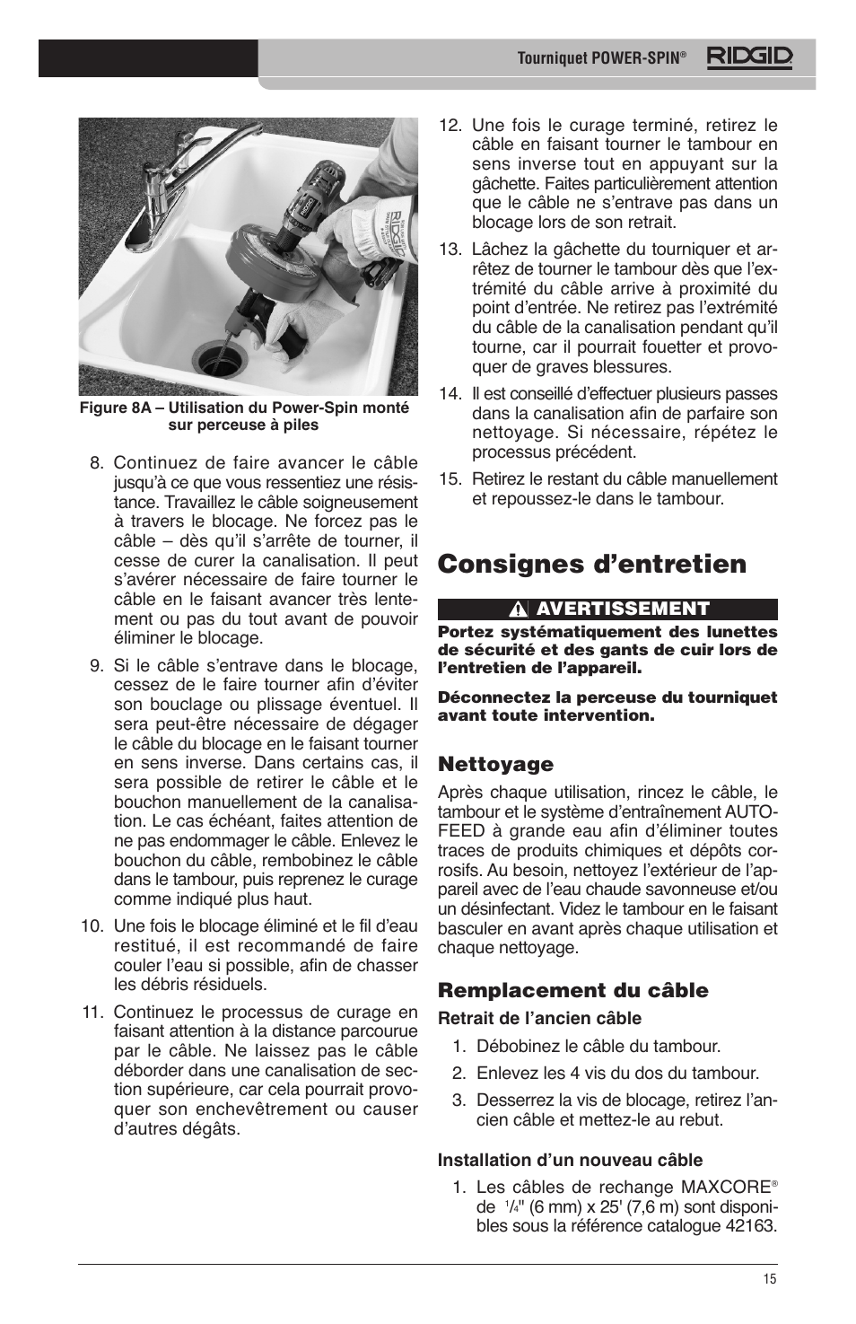 Consignes d’entretien | RIDGID Power-Spin User Manual | Page 17 / 186