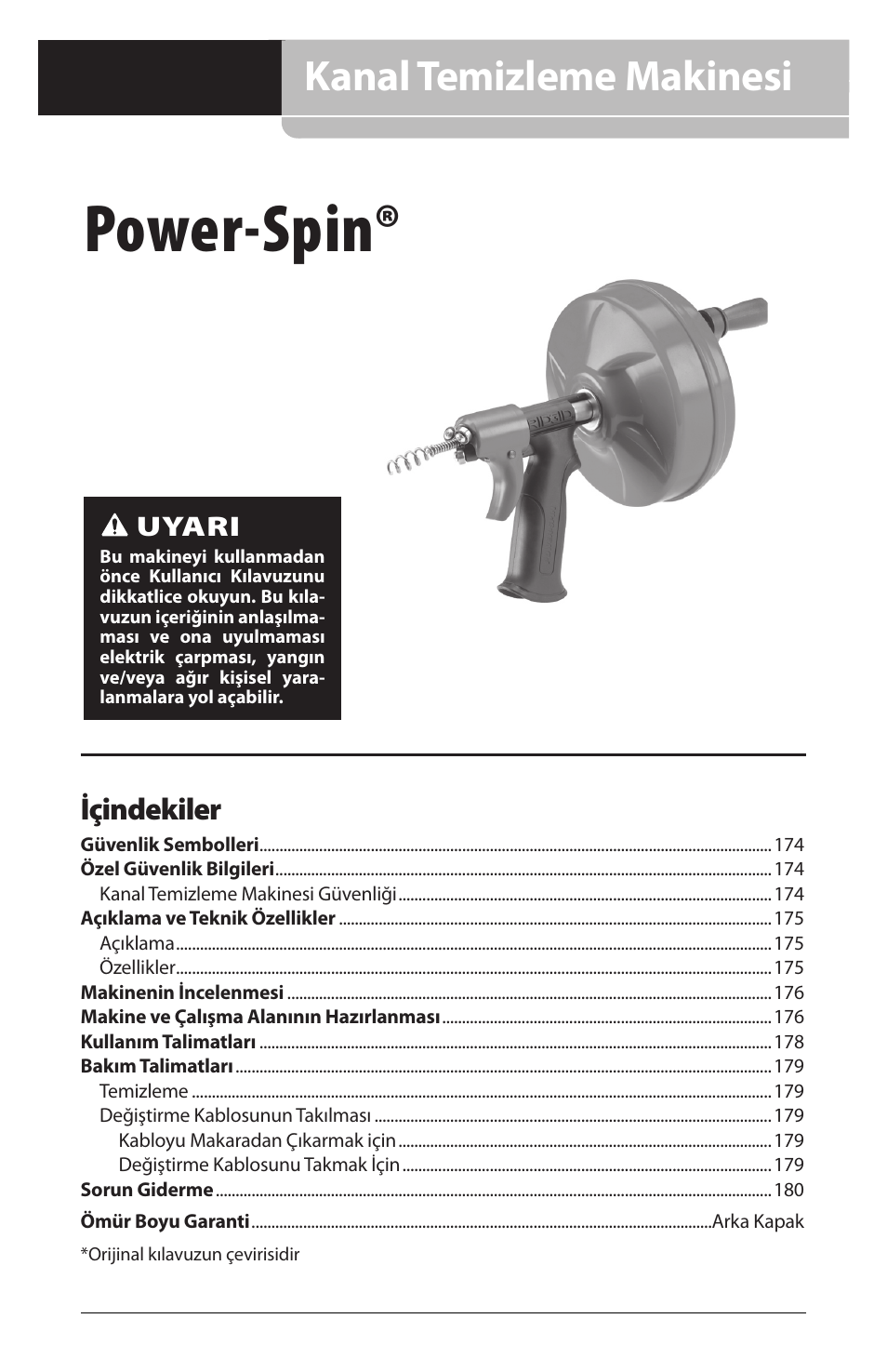 Power-spin, Kanal temizleme makinesi, Içindekiler | Uyari | RIDGID Power-Spin User Manual | Page 175 / 186