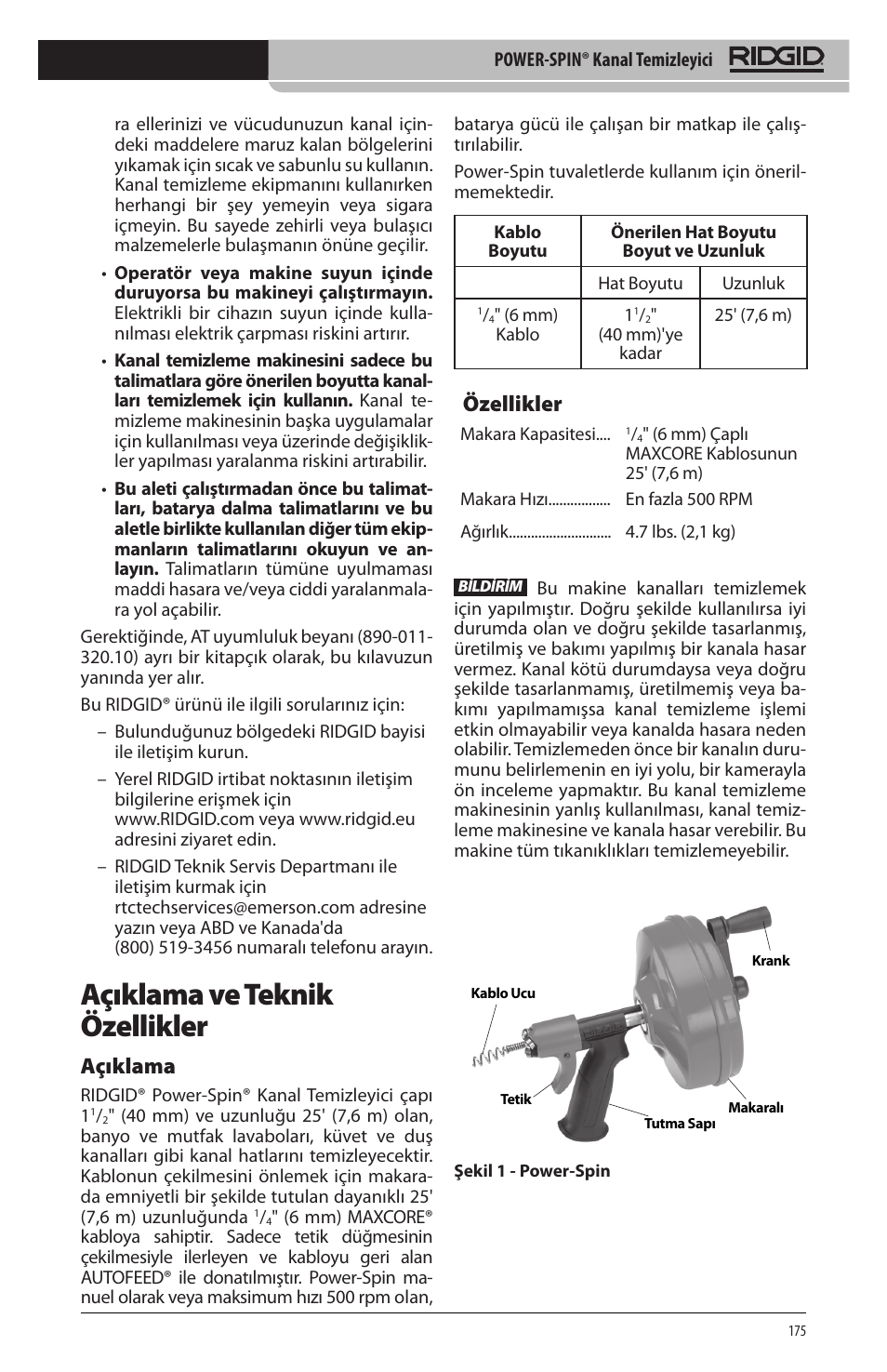 Açıklama ve teknik özellikler, Açıklama, Özellikler | RIDGID Power-Spin User Manual | Page 177 / 186