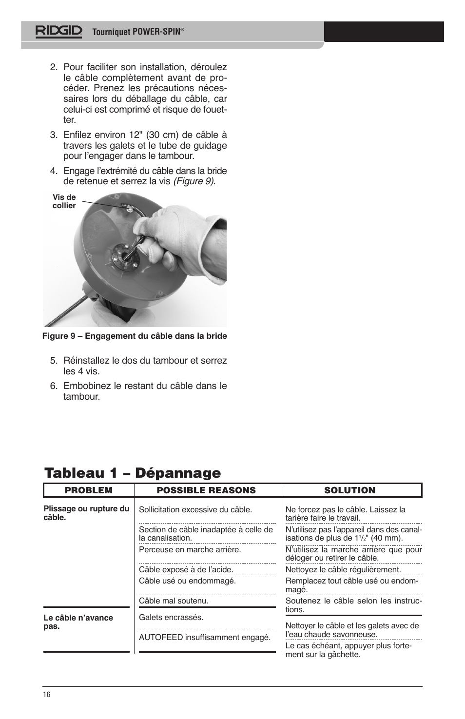 Tableau 1 – dépannage | RIDGID Power-Spin User Manual | Page 18 / 186