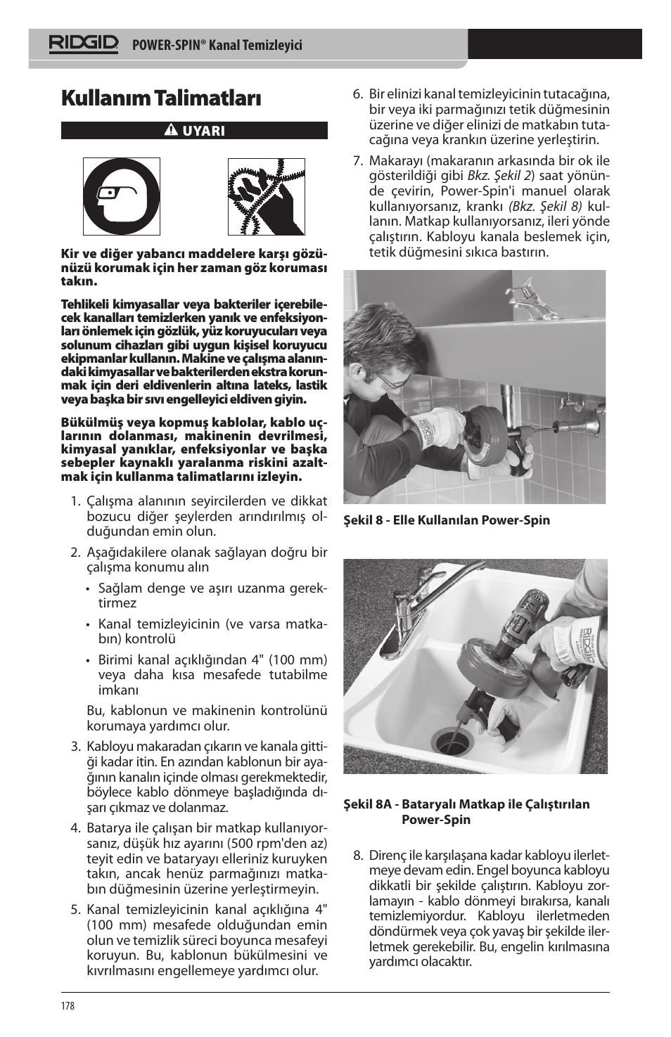 Kullanım talimatları | RIDGID Power-Spin User Manual | Page 180 / 186