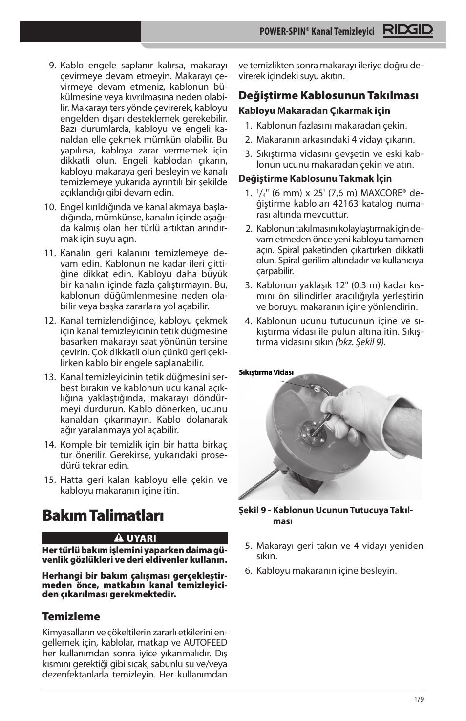 Bakım talimatları, Değiştirme kablosunun takılması, Temizleme | RIDGID Power-Spin User Manual | Page 181 / 186