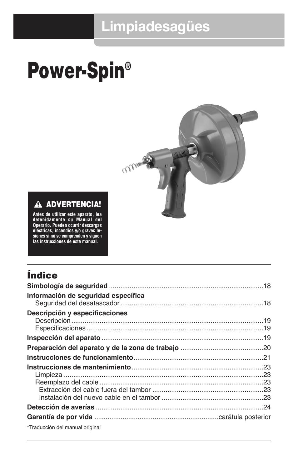 Power-spin manual es no marks, Power-spin, Limpiadesagües | RIDGID Power-Spin User Manual | Page 19 / 186