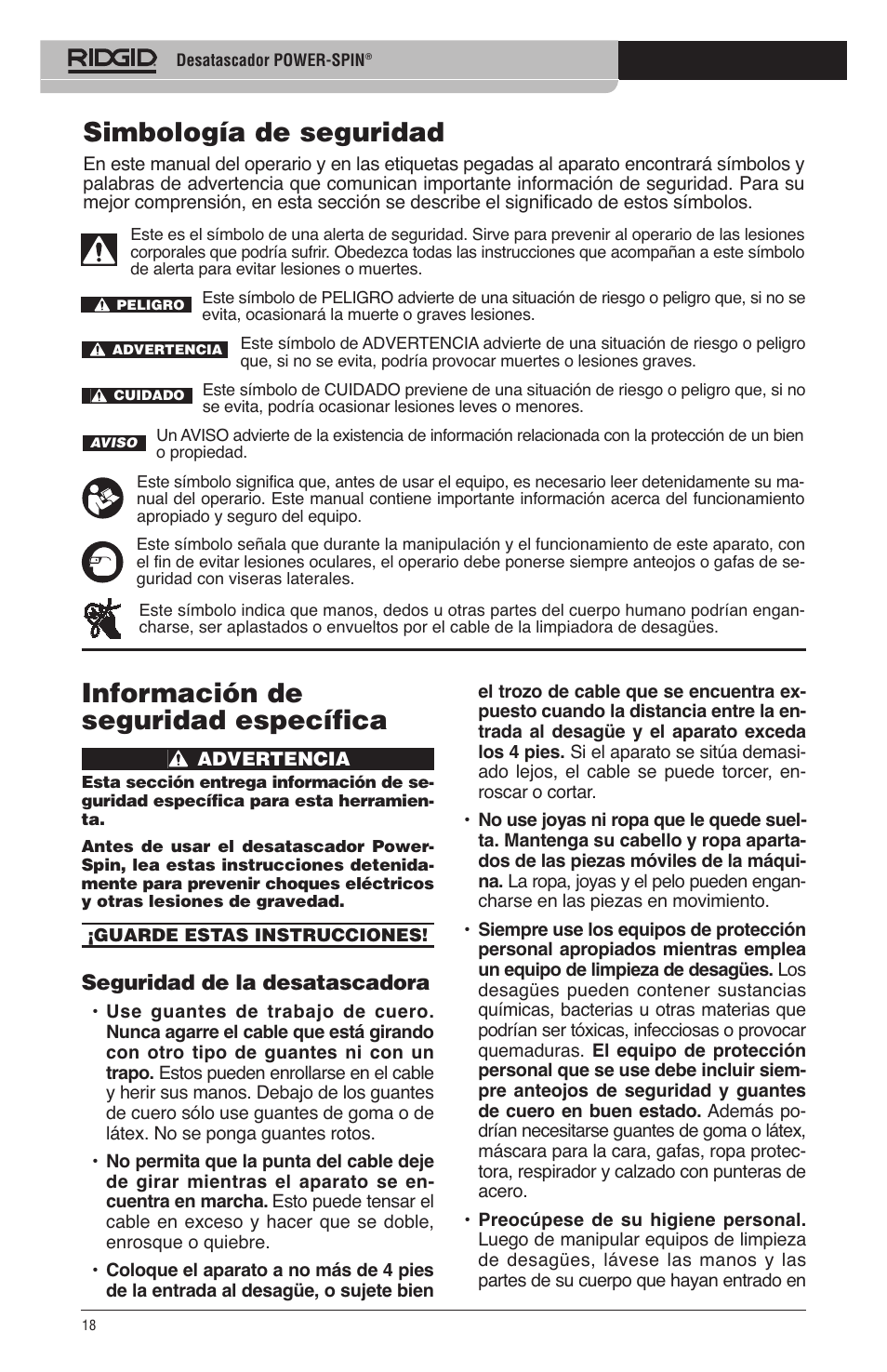 Información de seguridad específica, Simbología de seguridad | RIDGID Power-Spin User Manual | Page 20 / 186