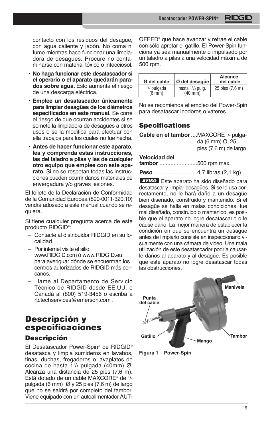 Descripción y especificaciones, Specifications, Descripción | RIDGID Power-Spin User Manual | Page 21 / 186
