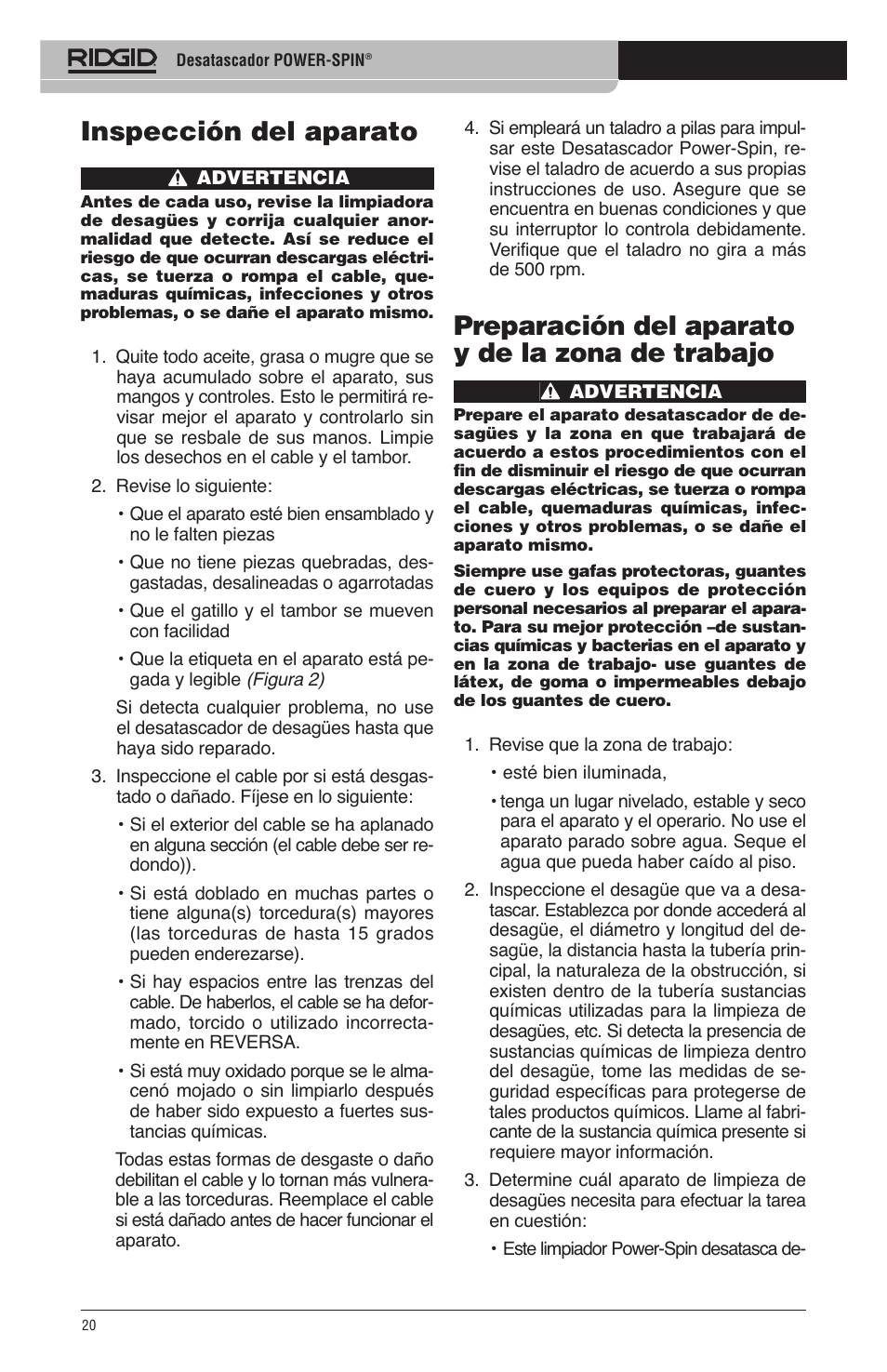 Preparación del aparato y de la zona de trabajo, Inspección del aparato | RIDGID Power-Spin User Manual | Page 22 / 186